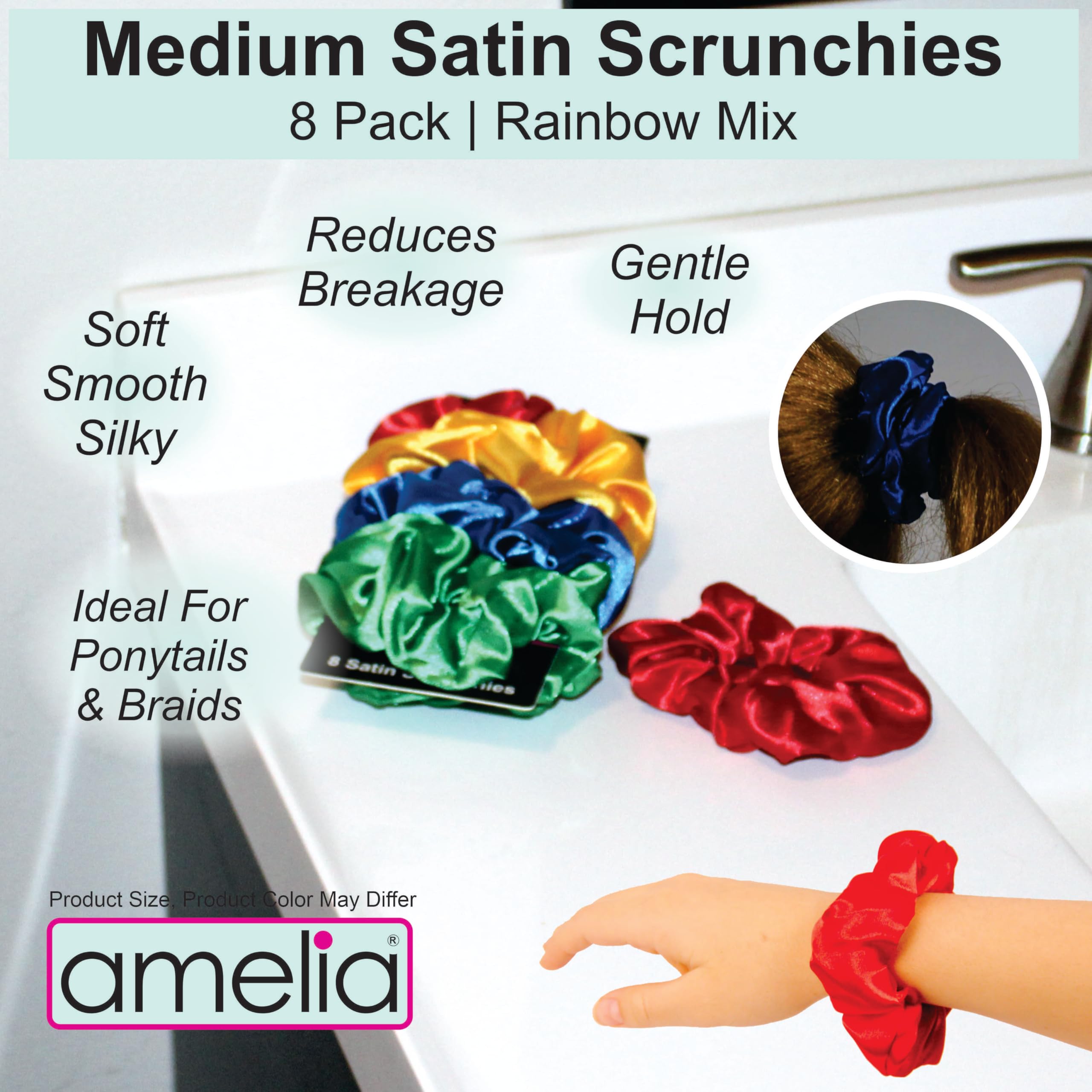 Amelia Beauty Products Paquete de 8 coleteros de satén de colores arcoíris, 3.5 pulgadas de diámetro, suaves con el cabello, sin enganches, sujeción duradera, rojo, amarillo, azul, verde, ideal para