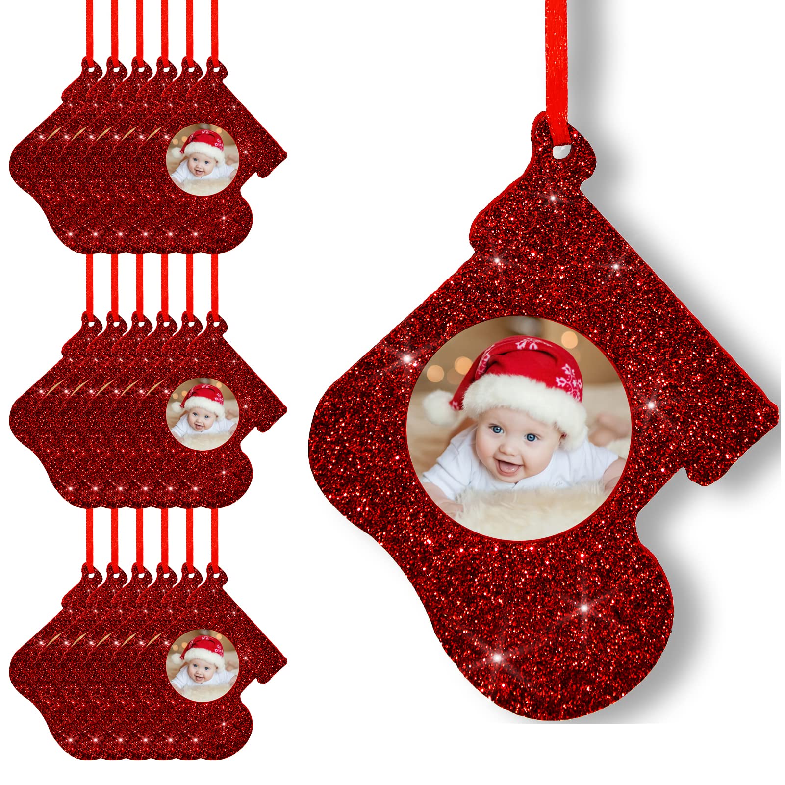 Fassory Red 20 Pcs Christmas Ornaments Felt Glittering Hanging Photo Frame, Xmas Stocking Baubles, Pictu Gift Tags, Anniversary Decorations, Birthday Party Supplies ( Christmas Stocking)