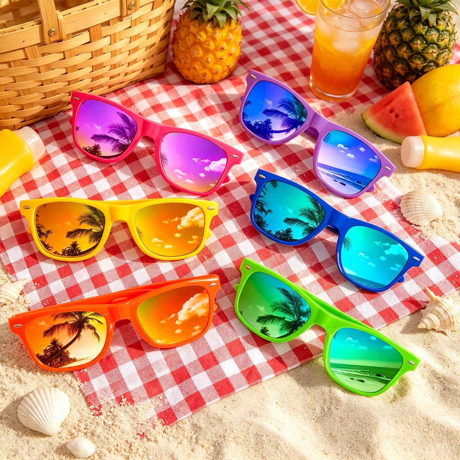 SUNOVELTIES Paquete de 12 lentes de sol retro de color neón, lentes de espejo clásicos para hombres y mujeres, para cumpleaños, despedidas de soltera, vacaciones de verano
