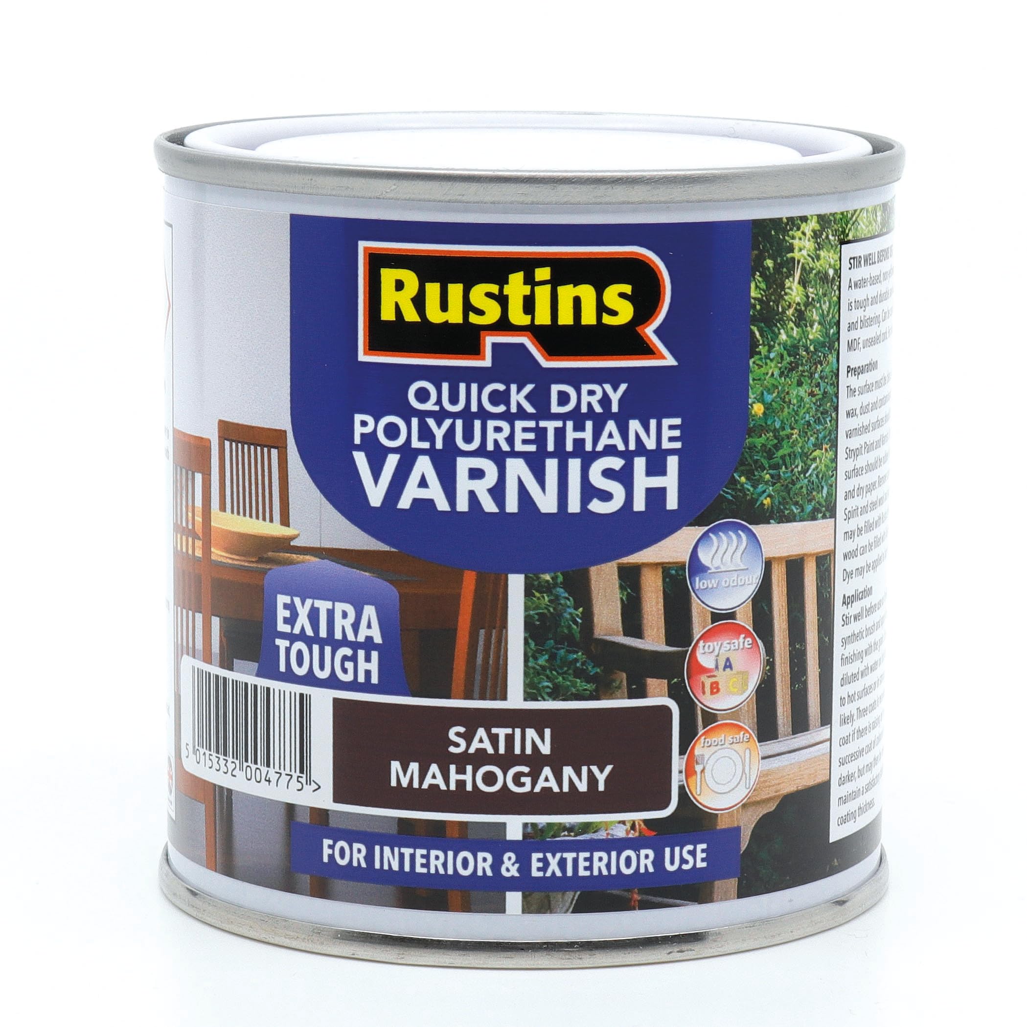 RustinsQuick Dry Poly Varnish Satin Mahogany 250ml -Tough, Water-Based Clear Finish in Gloss, Matt or Satin; Durable Protection for Interior Wood, Furniture and Floors