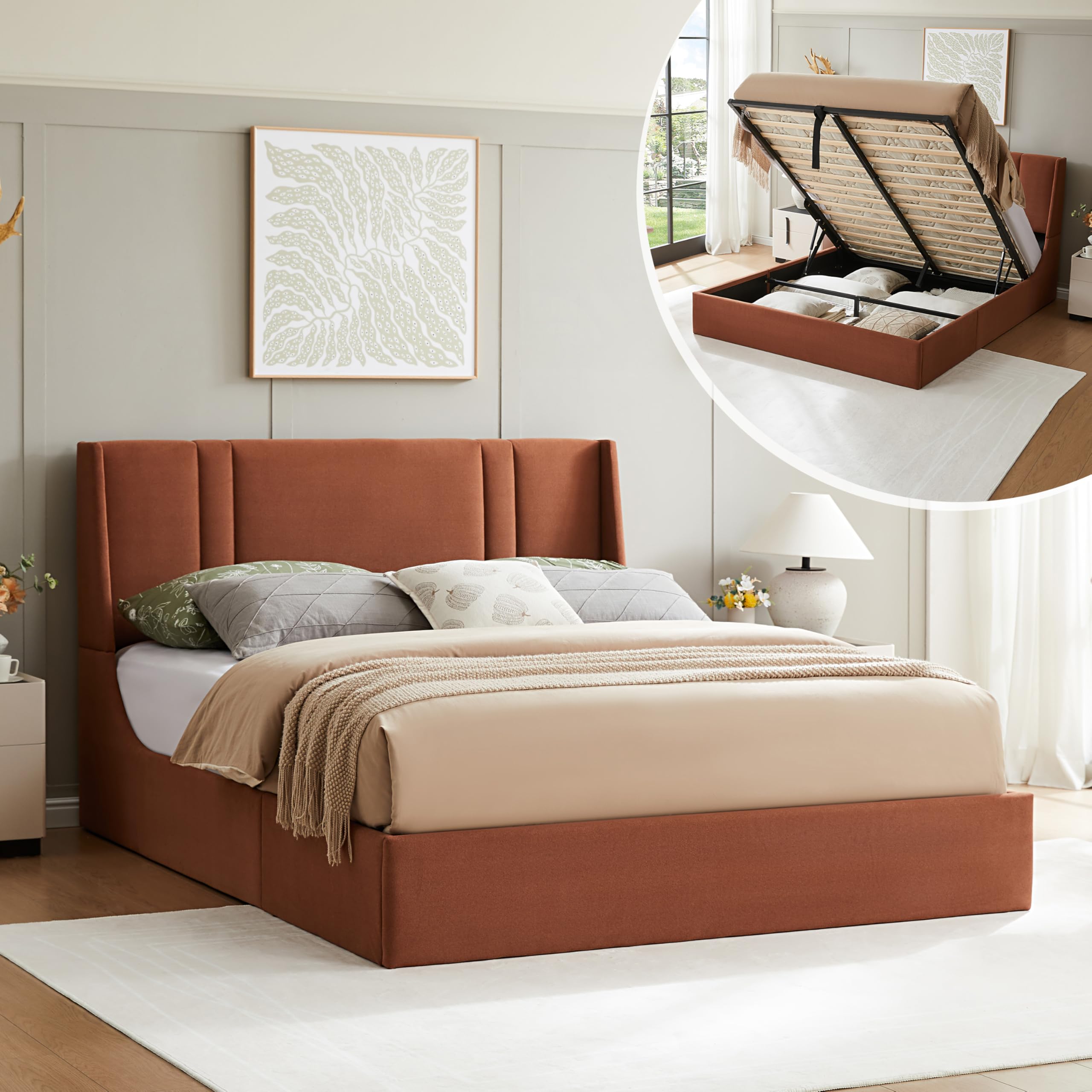 Zanmintaobo Queen Size Lift Up Storage Bed Frame, Hydraulic Platform Bed with 41.7" Upholstered Wingback Headboard, No Box Spring Needed, Ocher