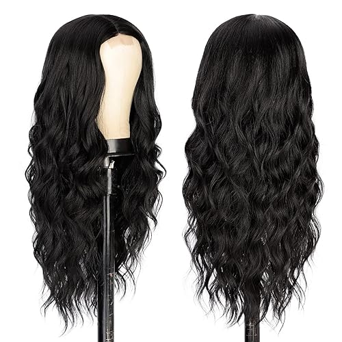 Miniatura 4 de Pelucas onduladas negras largas para mujer, parte media, peluca negra rizada, peluca sintética resistente al calor, pelucas de aspecto natural para