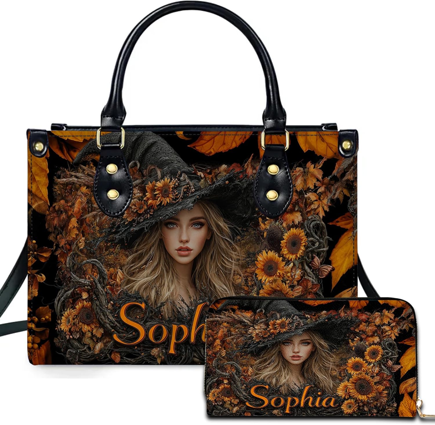 Personalized Halloween Leather Handbag – Custom Witch 3D Printing Effect Purses For Women – Spooky Gothic Shoulder Bag