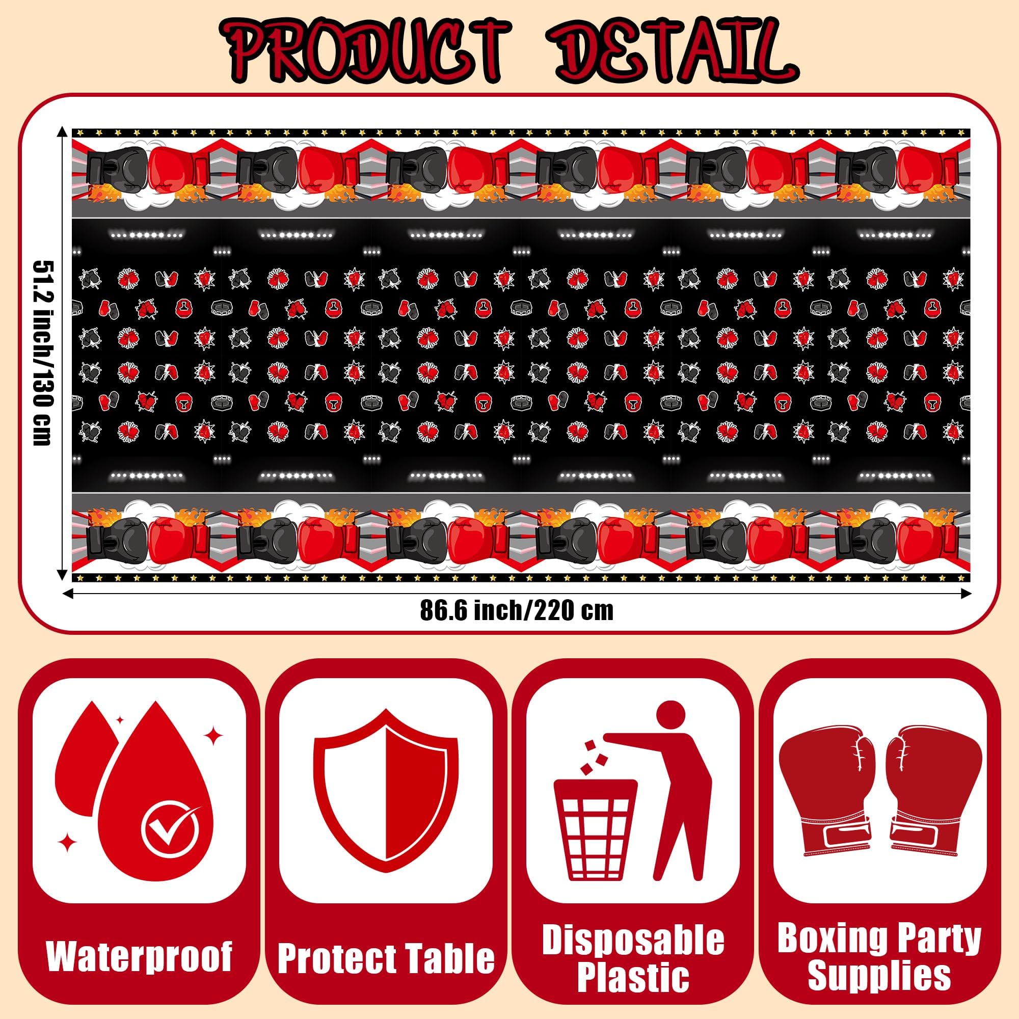 ArowlWesh 3Pcs Boxing Birthday Party Tablecloth - 87x 51 Inches Plastic Boxing Gloves Table Cover Disposable Fight Sports Table Cloth for Kitchen Picnic Match Birthday Party Decor Supplies