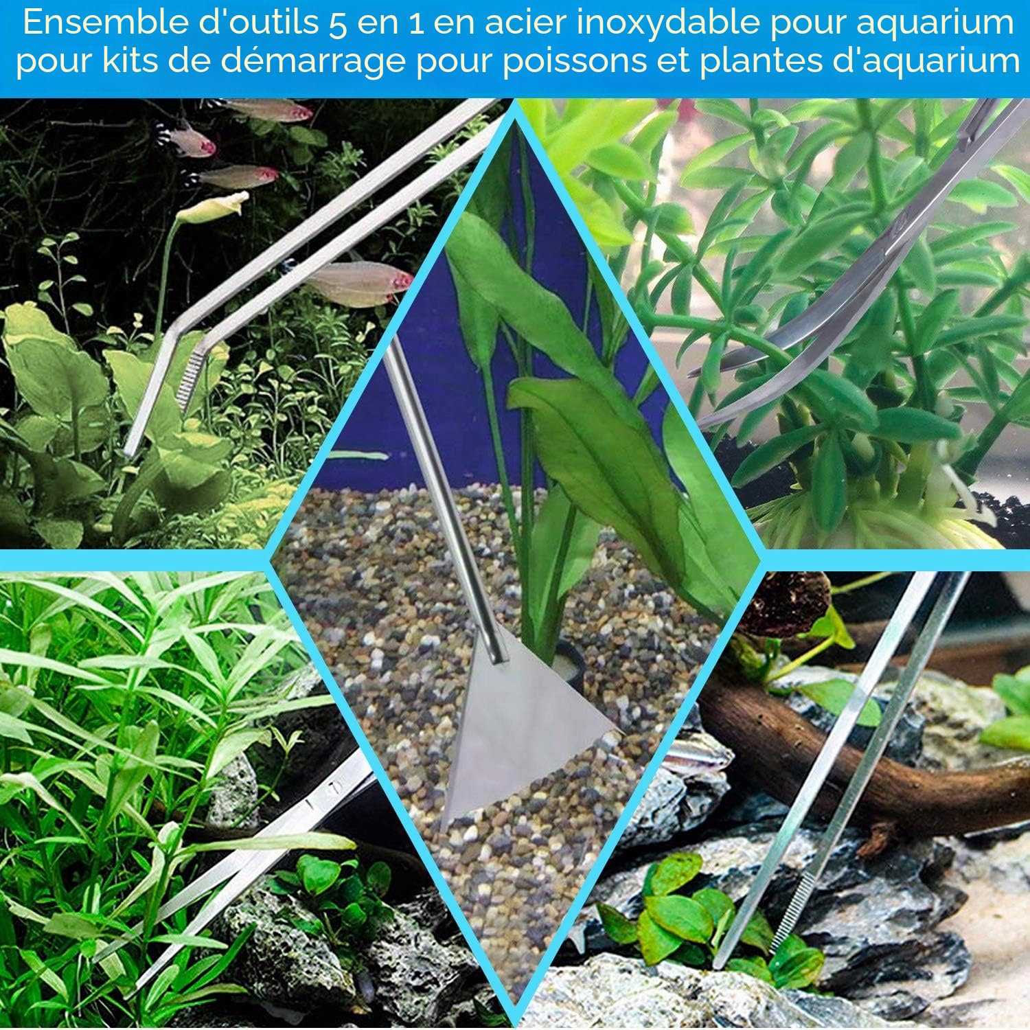 PETTOM Outil Aquarium 5 Pièces en Acier Inoxydable, Kits pour Aquariophile Débutant, Entretien Aquarium avec Plante (2 Ciseaux, 2 Pinces, 1 Pelle)
