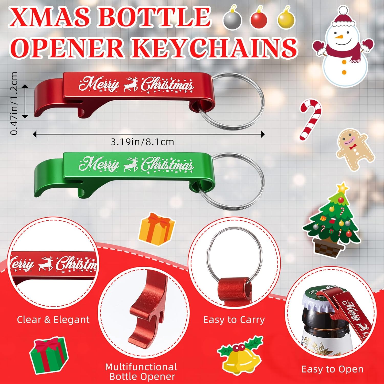 Roshtia 24 Sets Christmas Party Favors Bulk 1.2 Oz Acrylic Merry Christmas Shot Glasses with Bottle Opener Keychains Card Organza Bag Ribbon Xmas Drinking Shot Glasses Gifts