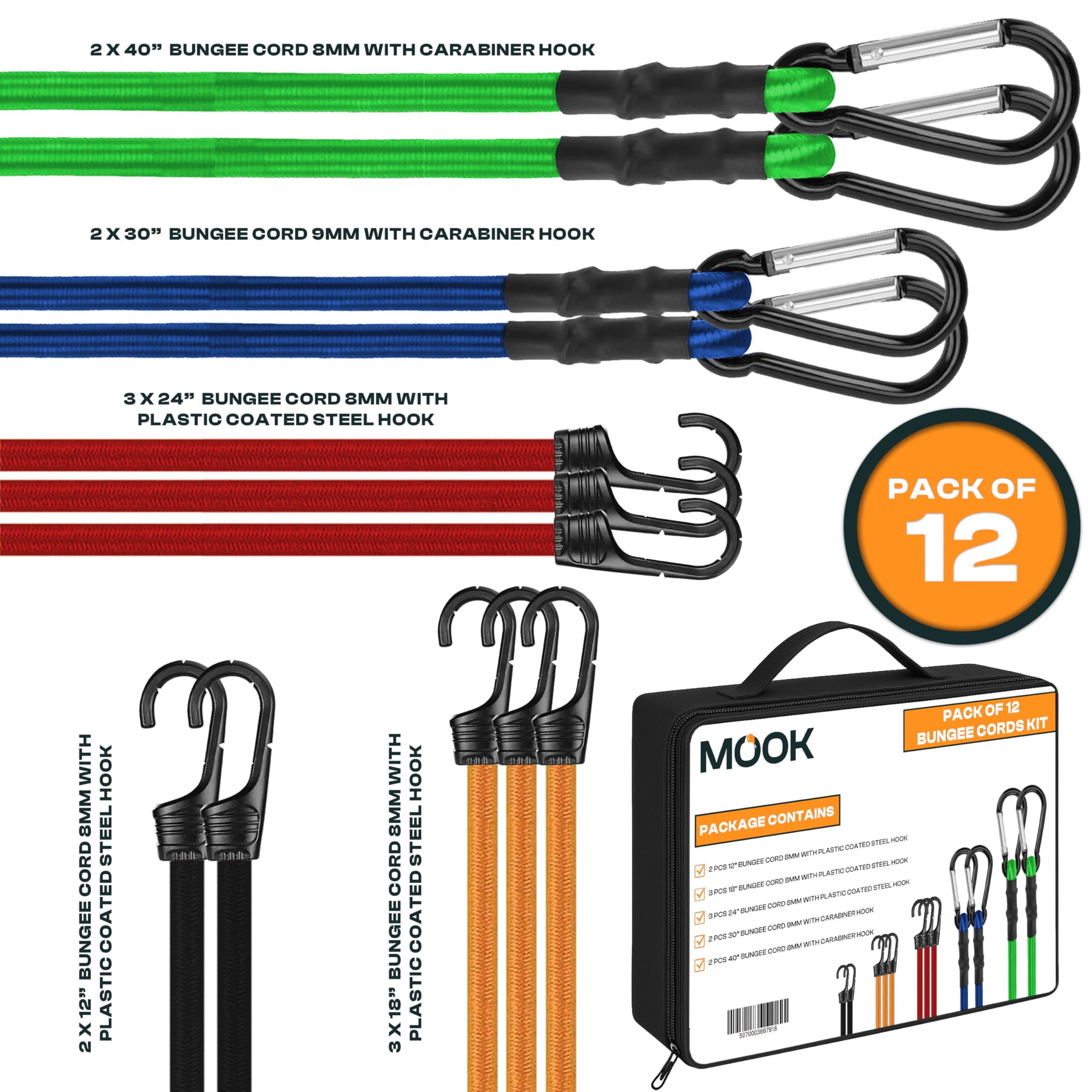 MOOK Heavy Duty Bungee Cords with Hooks, 12-Pcs Bungee Cord Set - Image 2