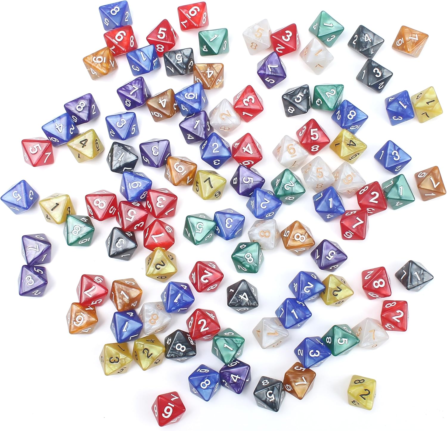 100PCS 8 Sided Dice, D8 Polyhedral Triangle Dice Set for Board Games Classroom Activities Party Table Gaming Fun DND Dungeons and Dragons RPG MTG Role Playing Number, Mixed Colors Assortment