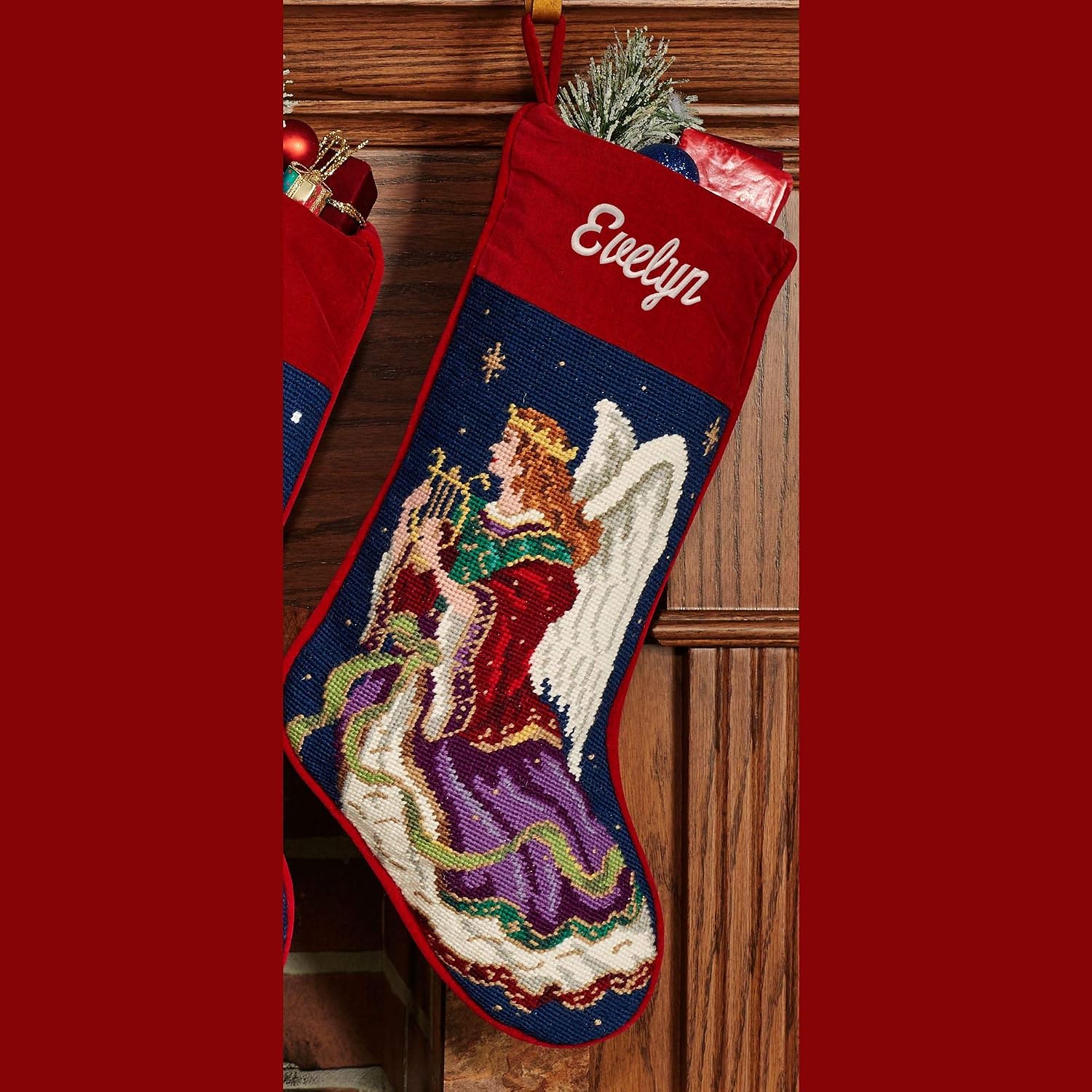 Peking Handicraft Angel with Harp Needlepoint Christmas Stocking, Wool, 11 x 18 Inches