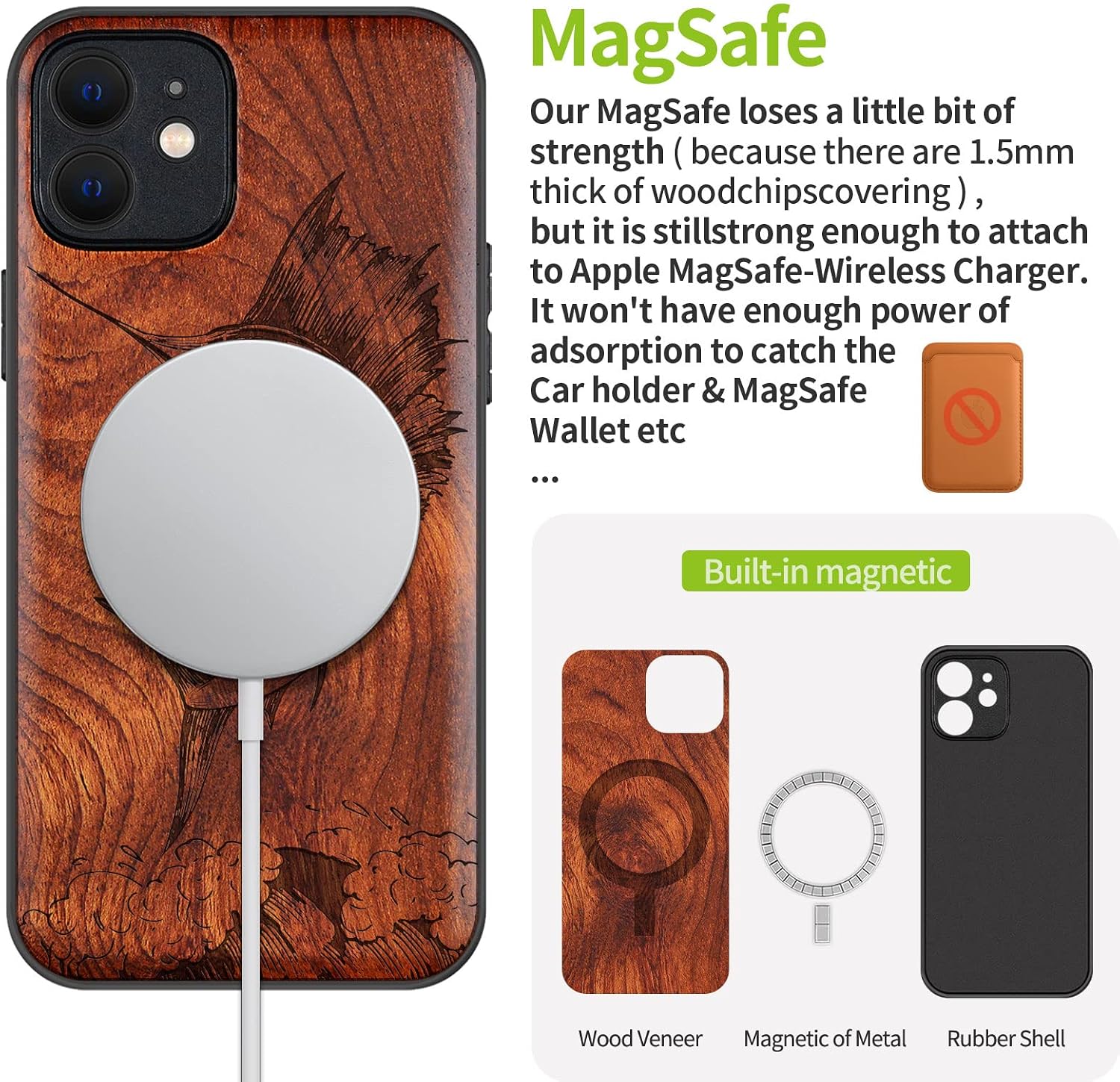 Carveit Magnetic Wood Case for iPhone 12 Case [Natural Wood & Black Soft TPU] Shockproof Protective Unique & Classy Wooden Cover Compatible with MagSafe (Sailfish- Rosy)
