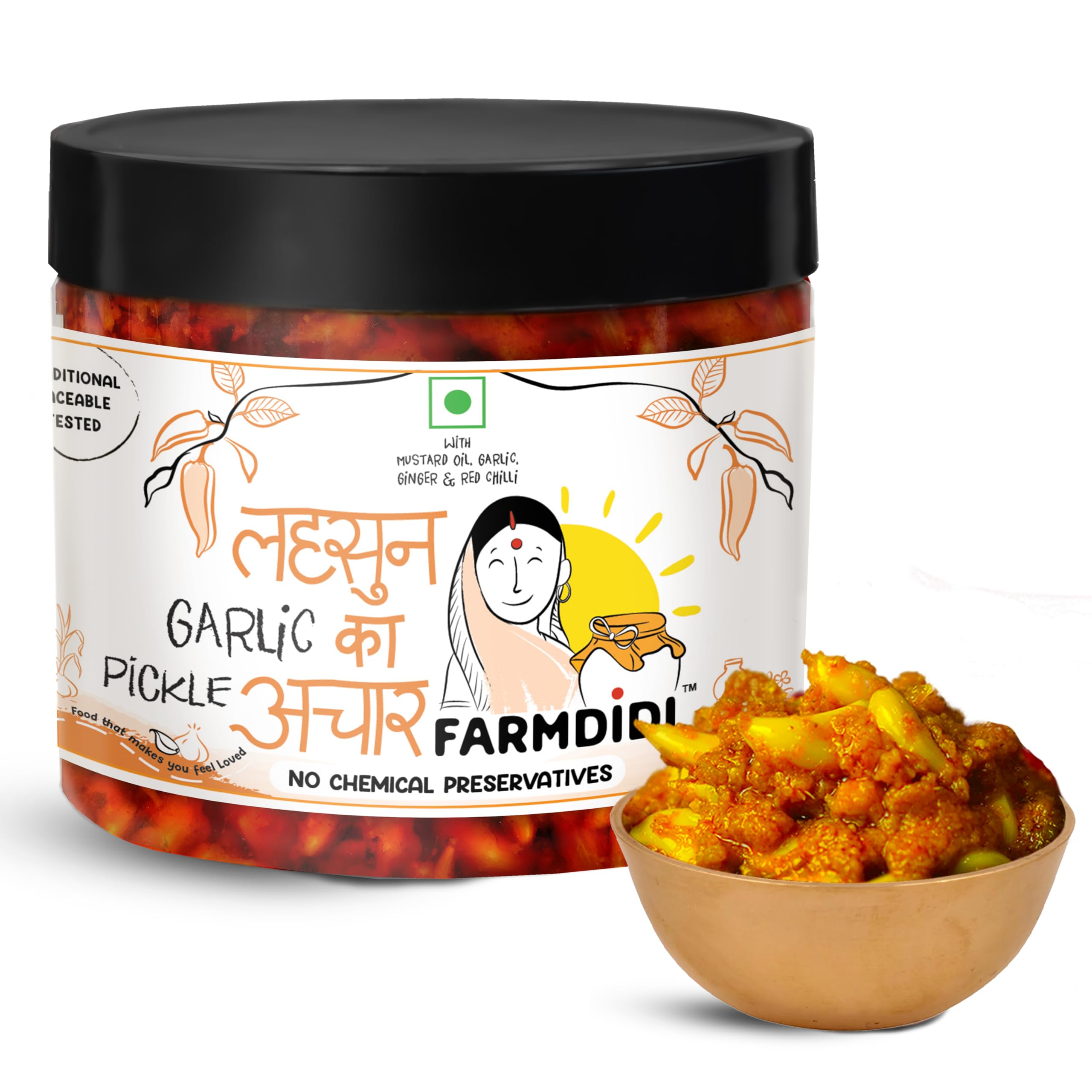 Farm Didi Garlic Pickle 325 G In Fresh | Traditional Homemade Lehsun Ka Achaar | Spicy Peeled Garlic Pickles | Organic Methods Used | Less Oil Pickle | No Chemical Presevatives