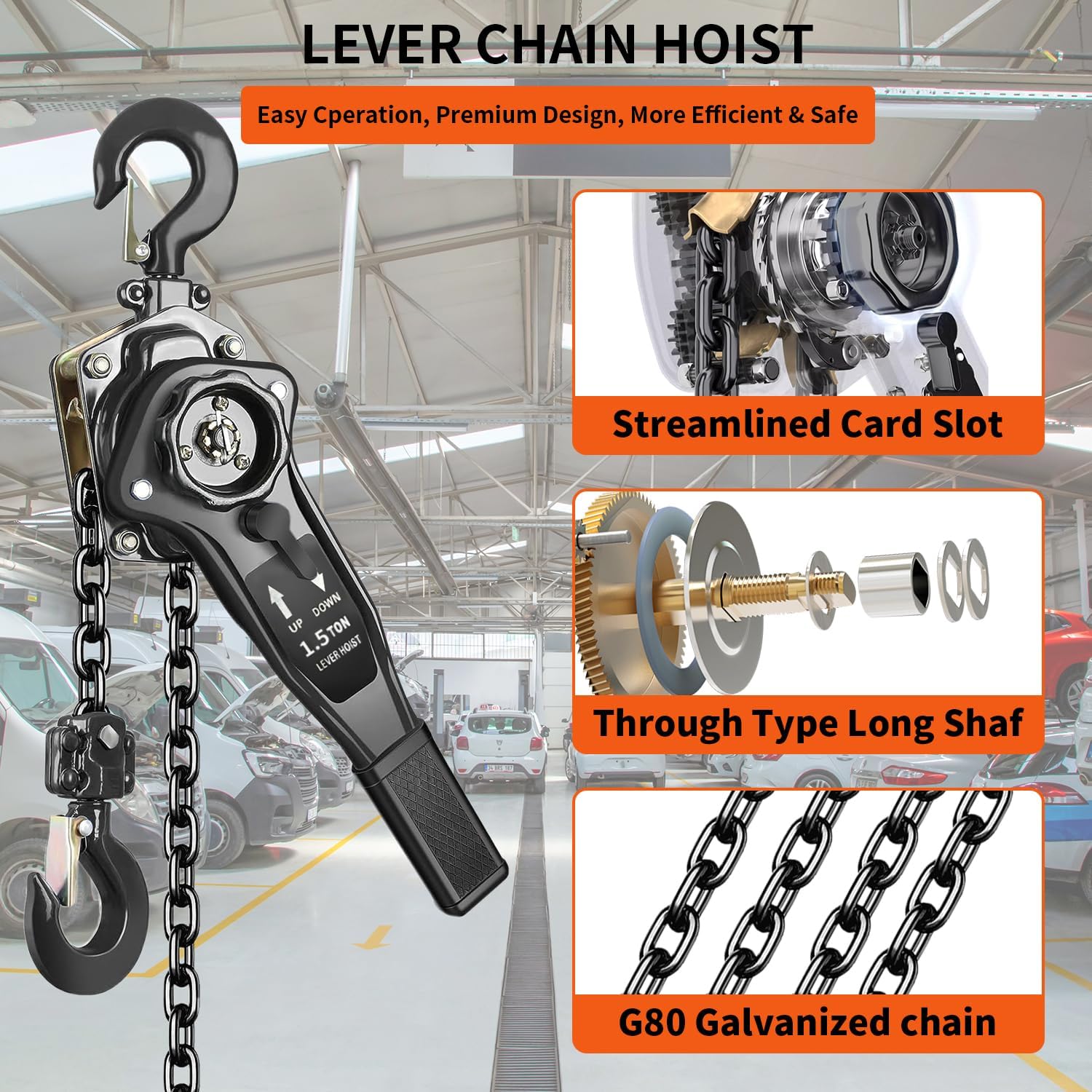 Manual Lever Chain Hoist 1.5 Ton 3300 lbs Capacity 10 FT Come Along, G80 Carbon Steel with Double-Pawl Brake,360° Rotation Hook, for Garage Factory Dock (Lever Chain Hoist 1.5T/3m)