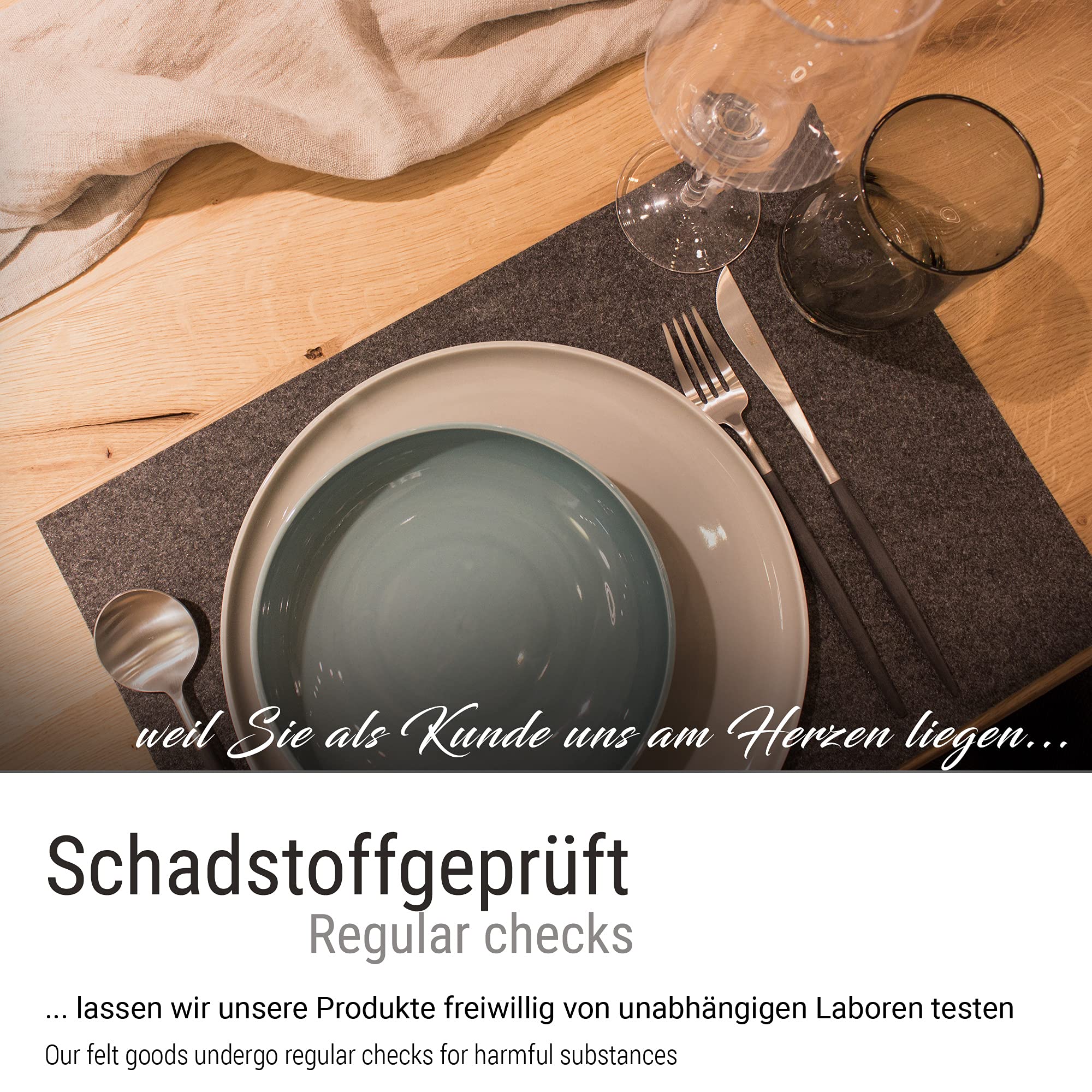Casoro Set van 6 placemats van wasbaar vilt, ronde placemats elk 35 cm groot, in zwart, elegante placemat perfect bij elk interieur