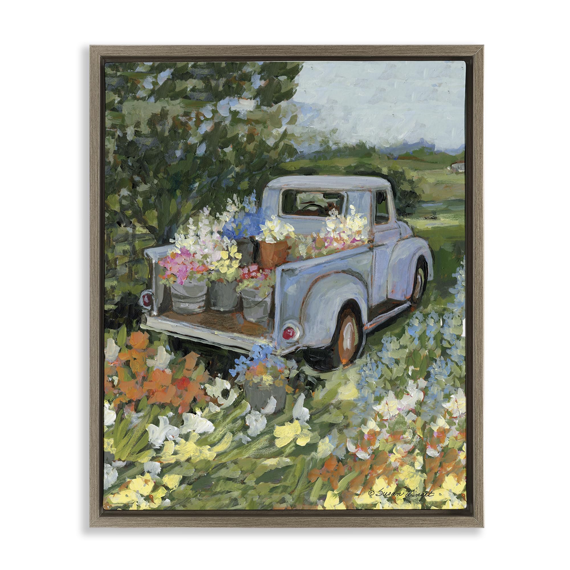 Stupell Industries Montalcino Elm (Textured) 'Truckin' Field With Flowers', Floating Frame Canvas Art, Brown, 25 X 31 Inches, Easy To Hang And Sturdy, Made In Usa, By Susan Winget