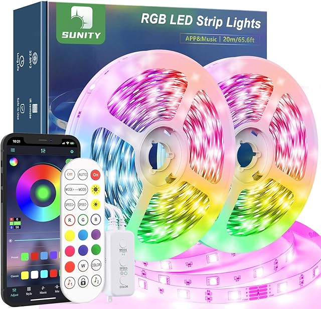 Sunity Led Strip Lights with Remote 20m, Bluetooth Led Lights 20m with Music Sync and APP Control/24V/600 5050 LEDs for Bedroom/Kitchen Decoration