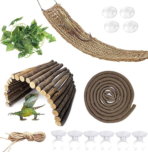 kathson Bearded Dragon Hammock Reptile Hideout Wooden Bridge Jungle Climber Vines Flexible Reptile Leaves with Suction Cups Reptile Habitat Decor...