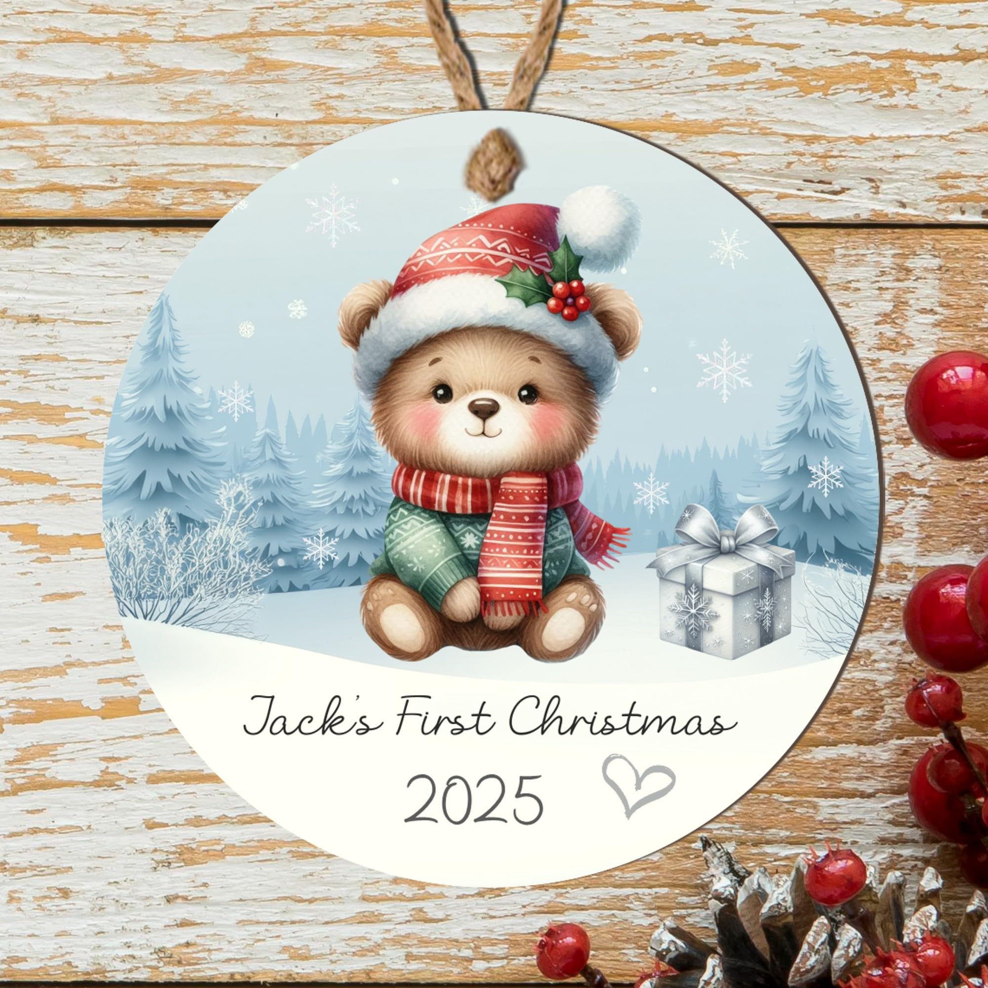 Whimsical Personalised Baby's First Christmas Animal Hanging Bauble Cute 1st Christmas Keepsake Tree Decoration Gift (Teddy, MDF Wood - Indoor Use Only)