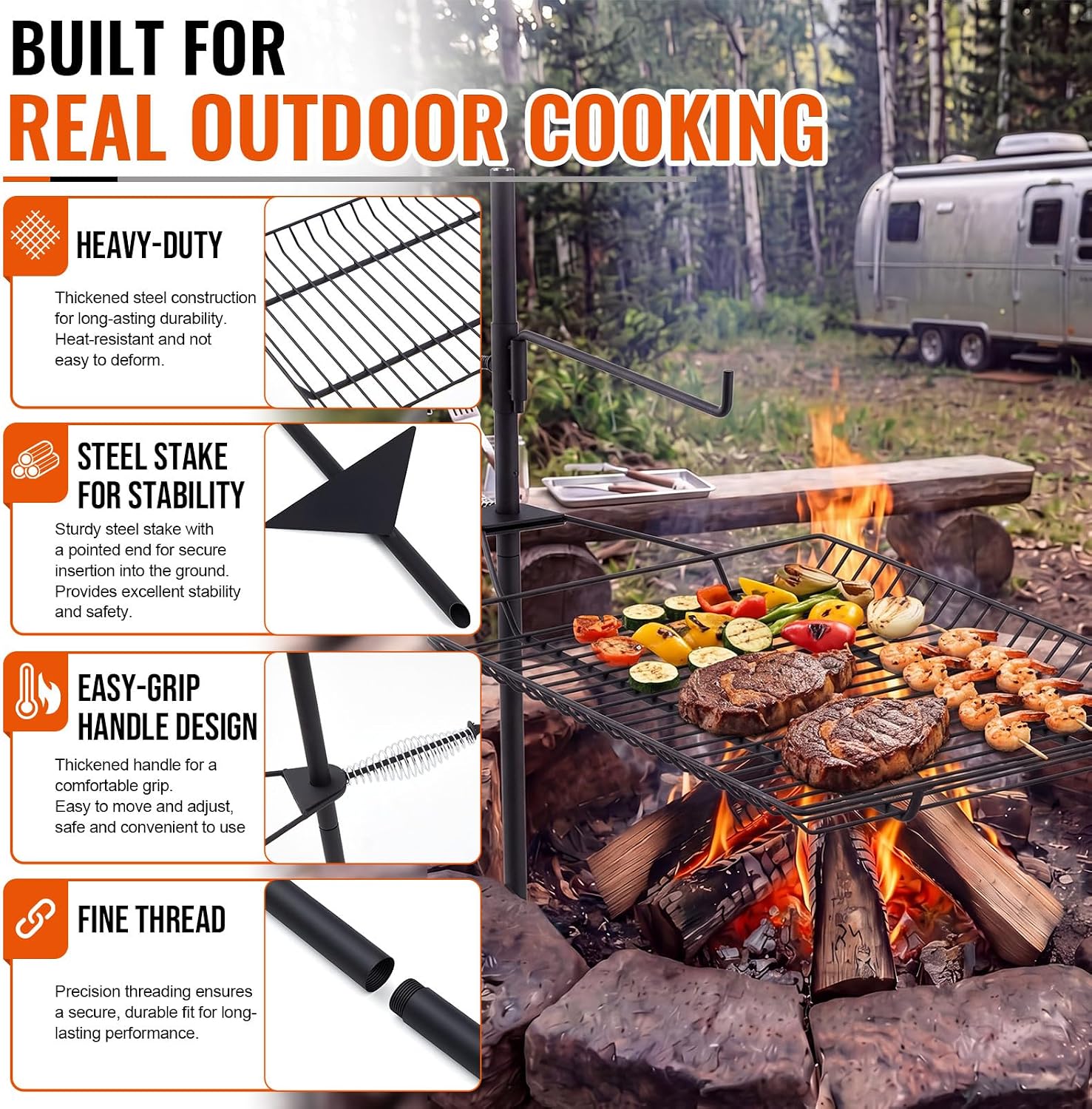 22"x15" Fire Pit Campfire Grill Grate 36" Stake Open Cooking Rack image 3
