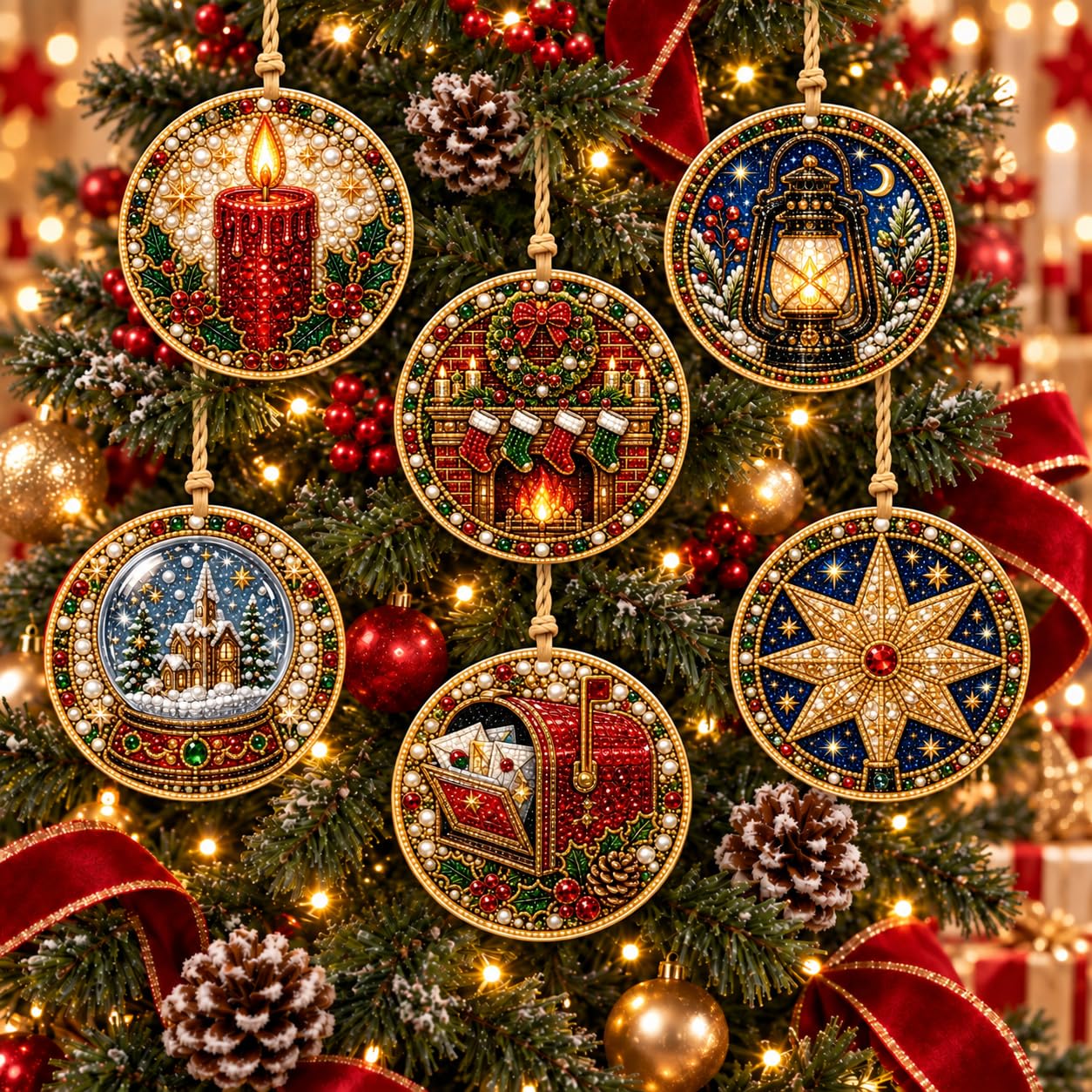 Usper Christmas Wooden Diamond Art 3D Pearl Painting Kit，6PCS F