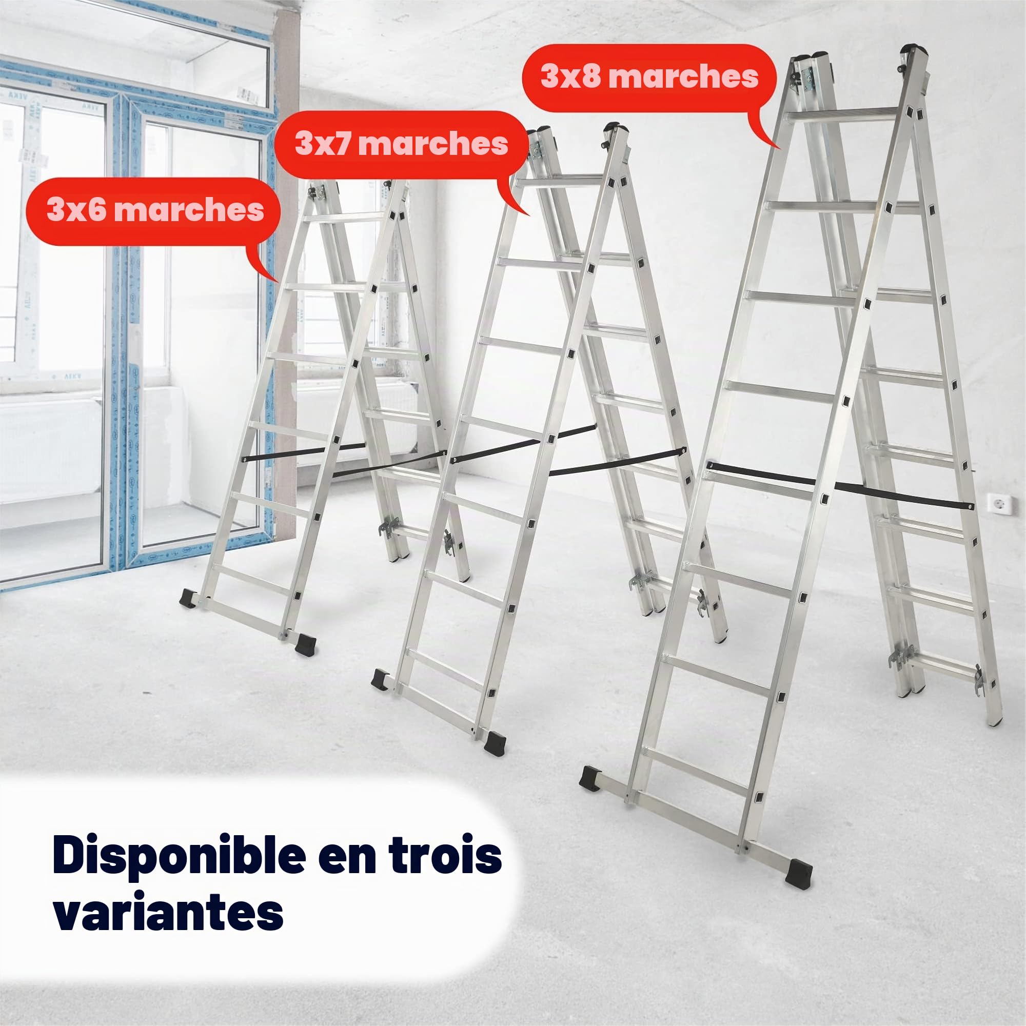KADAX Échelle Transformable de 3 Plans, Échelle Coulissante en Aluminium, Échelle Double pour Travaux Domestiques et Professionnels (6 Marches)