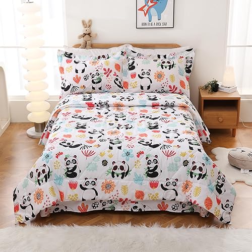 JSD Panda Flower - Juego de edredón para niños, tamaño Queen, edredón de microfibra impresa de 3 piezas con funda de almohada, lavable a máquina