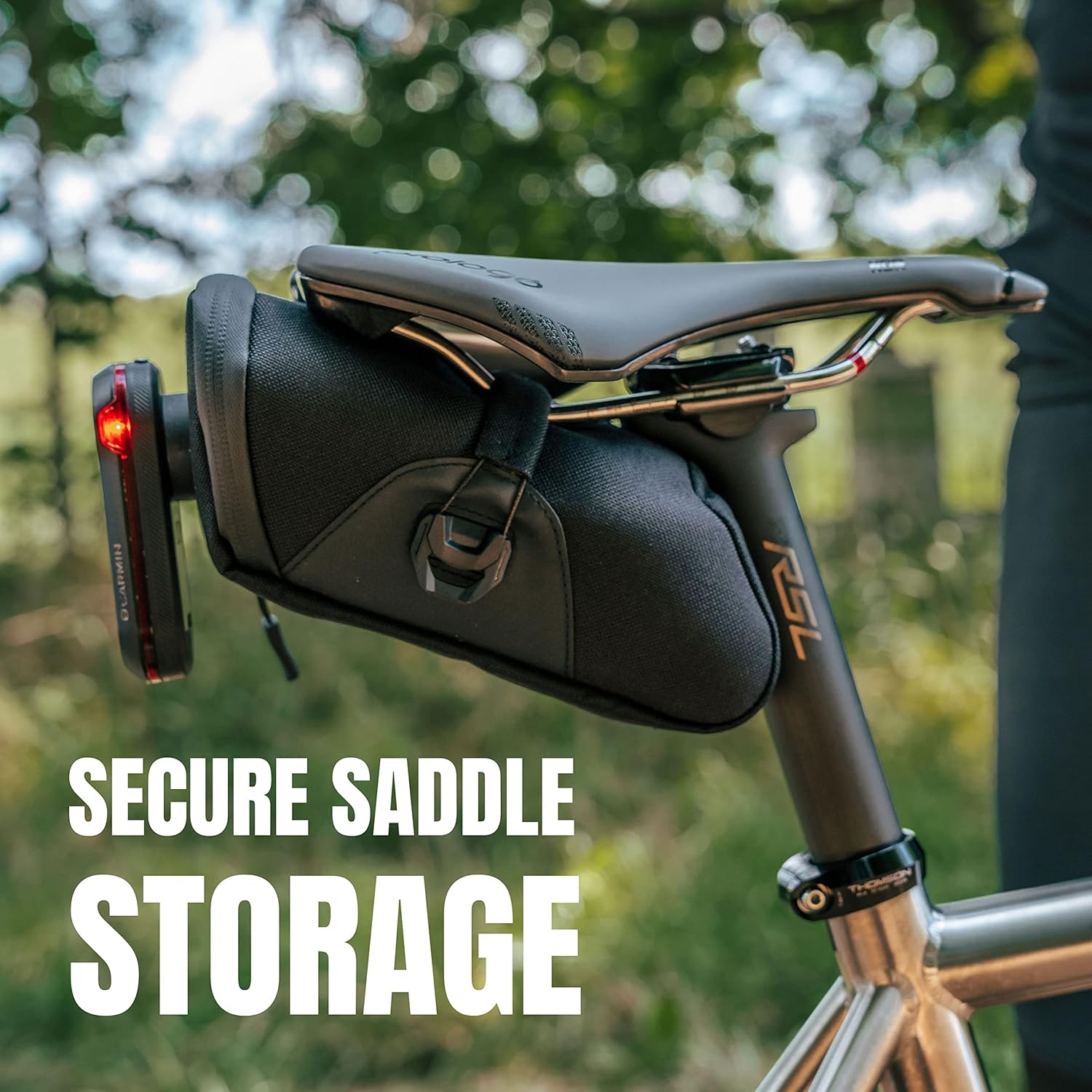 KOM Cycling Saddle Bag - Bike Saddle Bag to Carry Multi-Tool, Tube, Tire Levers, Securely Under Bike Seat Featuring for Garmin Varia Mount, ATOP Lacing Dial, and Inner Pocket for Apple AirTag.