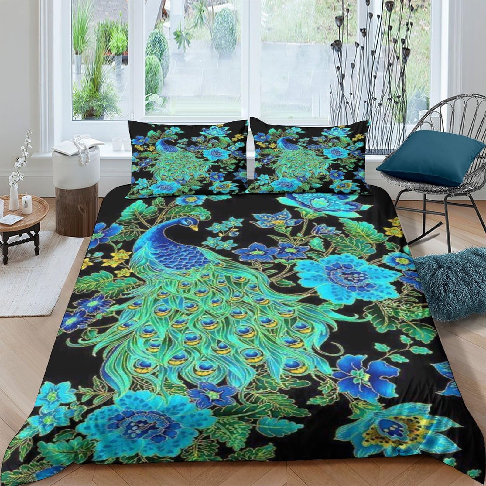 Housse de couette paon 3D respirable pour lit double, parure de lit animaux sauvages