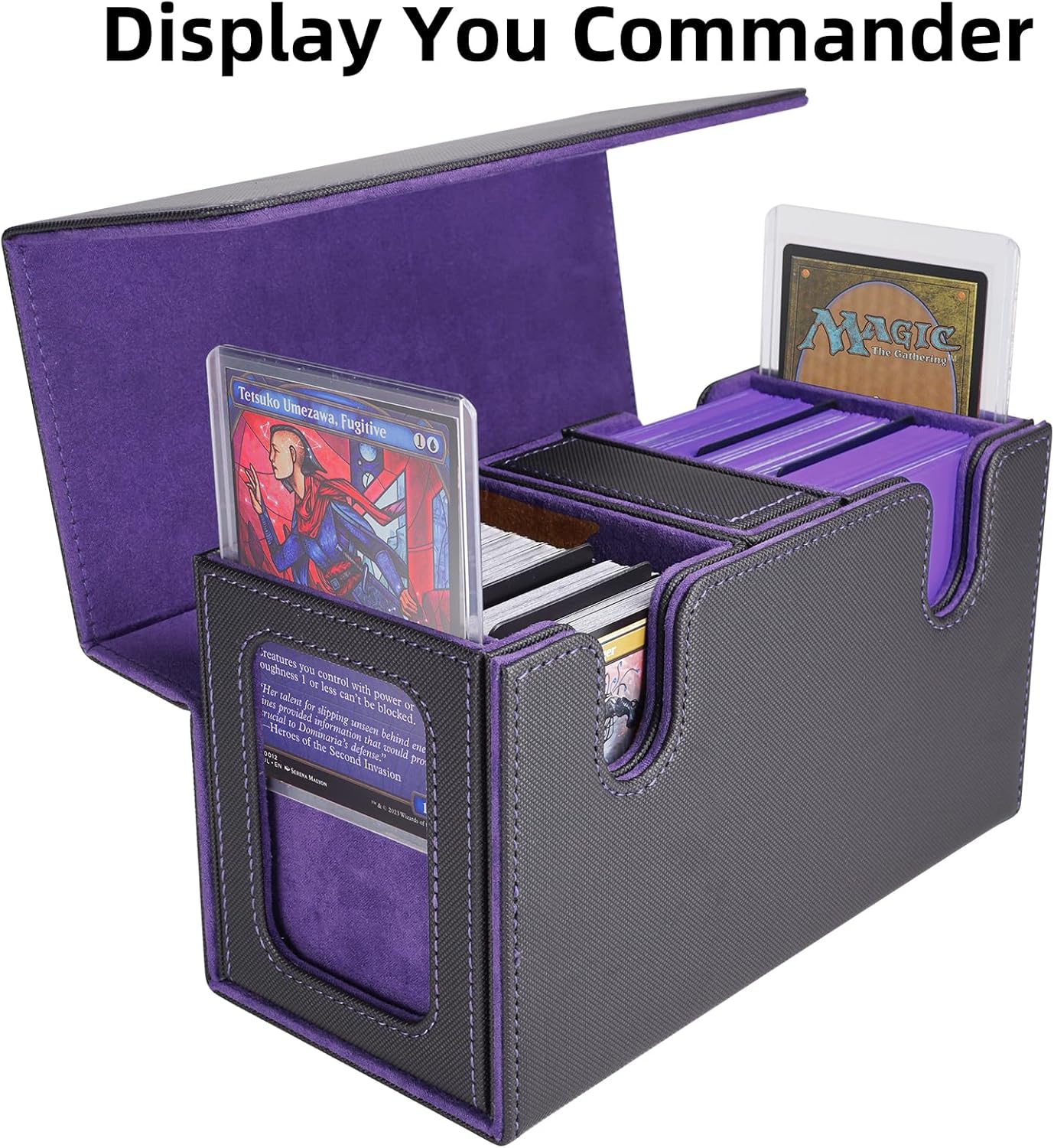 AFIING MTG Commander Deck Box 200 Double Sleeved Cards Storage, 3-in-1 Magnetic Card Case Organizer for Magic: The Gathering TCG CCG, 4 Dividers & 2 Toploaders Black/Purple