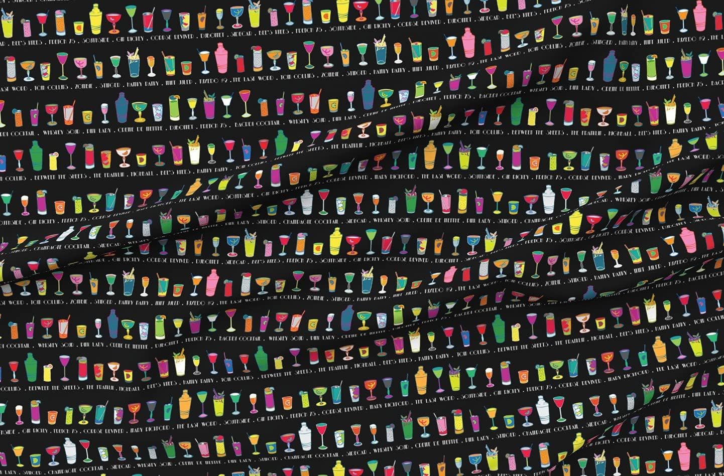 Spoonflower Fabric - Black Cocktail 1920S Retro Vintage Alcohol Alcoholic Beverage Drinks Printed on Organic Cotton Sateen Fabric by The Yard - Sewing Quilting Apparel Home Decor