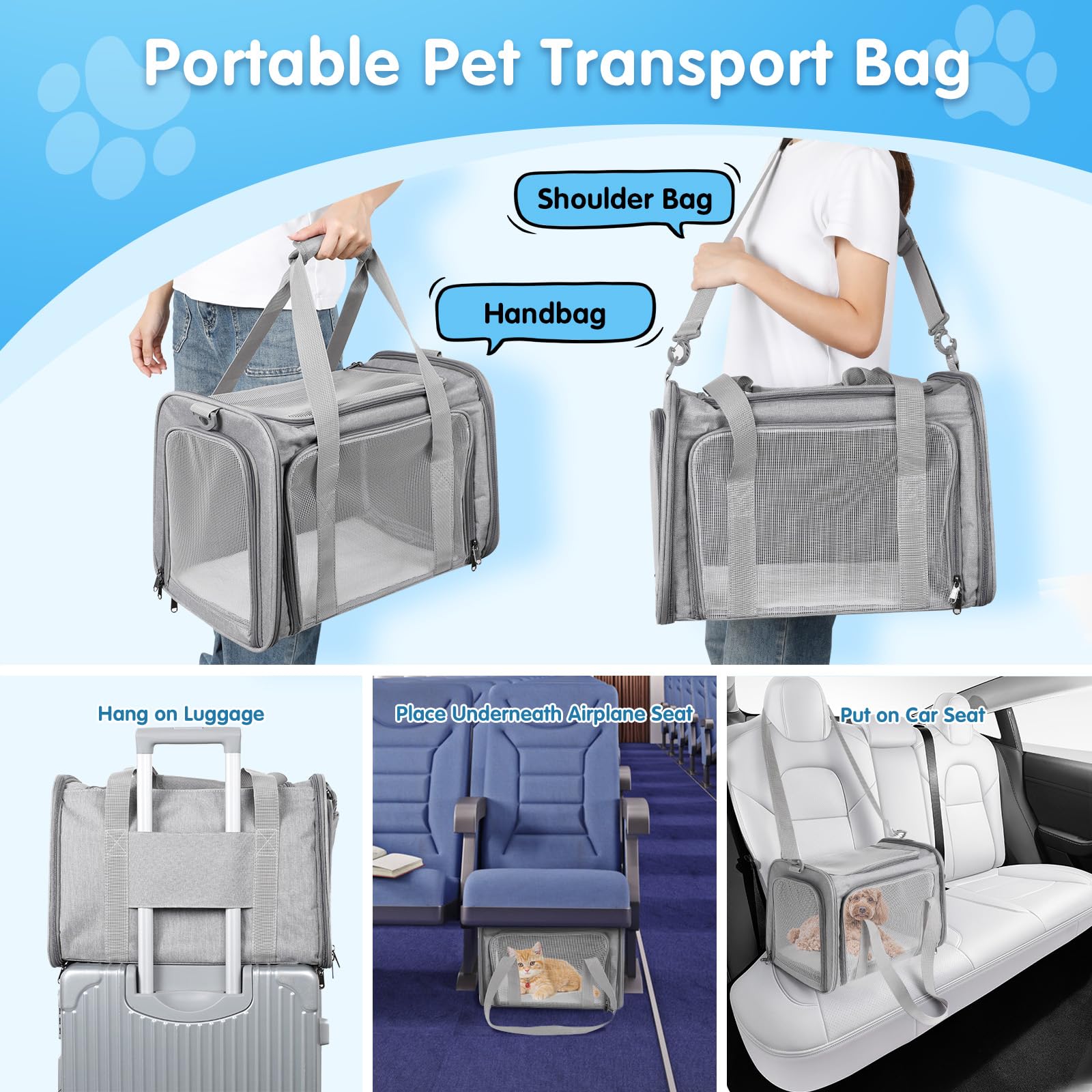 AiQInu Bolsa de Transporte para Perro Gato, Plegable Mochila para Gatos con Correa de Hombro Ajustable, Bolso para Perro Gato Capacidad de Carga 3-6kg, para Mediano Pequeño Perro Cat Mascotas en Avió