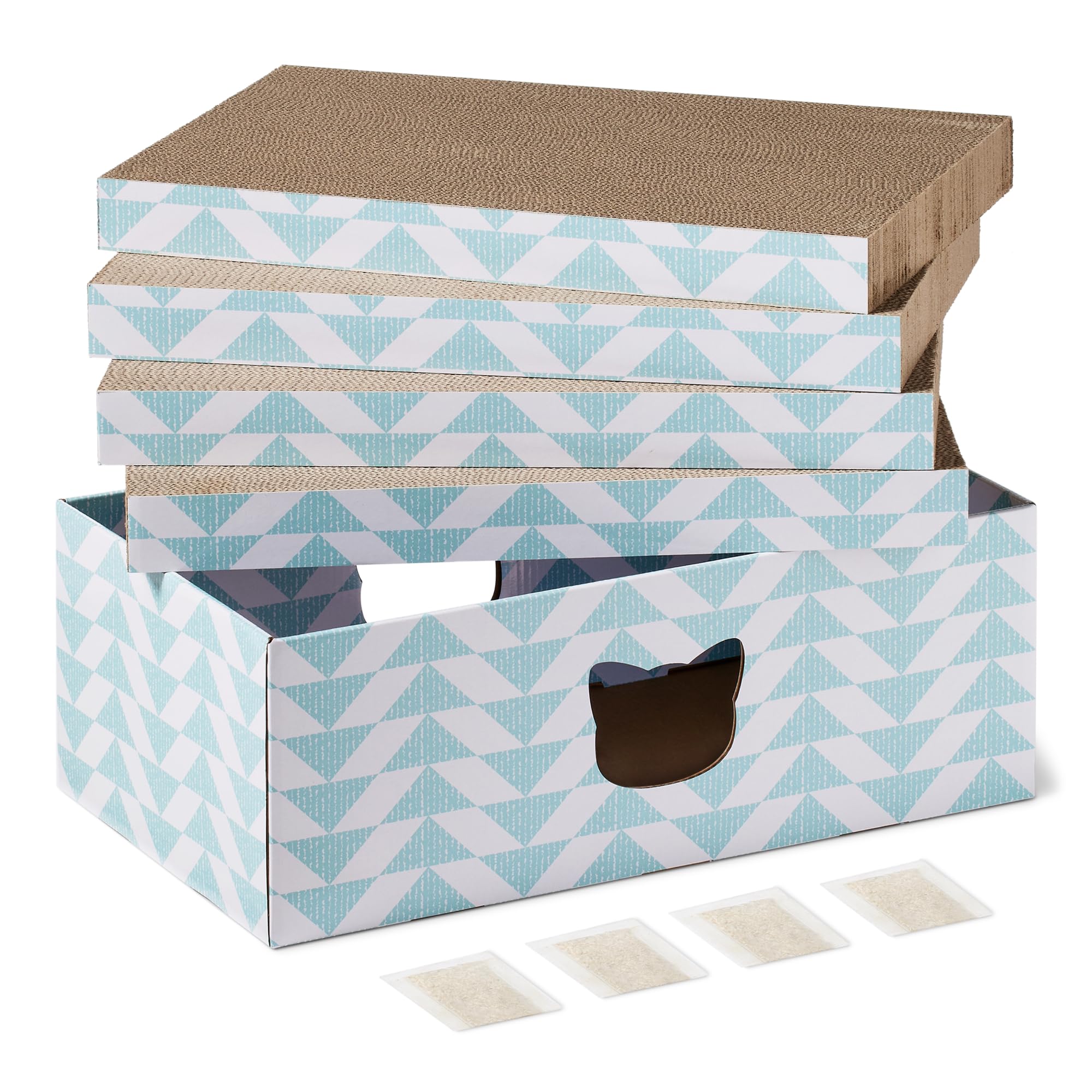 Amazon Basics Cat Scratch Pad with Box, Corrugated Cardboard Cat Scratchers for Indoor Cats Cat Scratcher Cardboard with Color Printing & Catnip, FSC-Certified, 4-Pack, 41.9cm x 25.4cm x 3.8cm, Blue