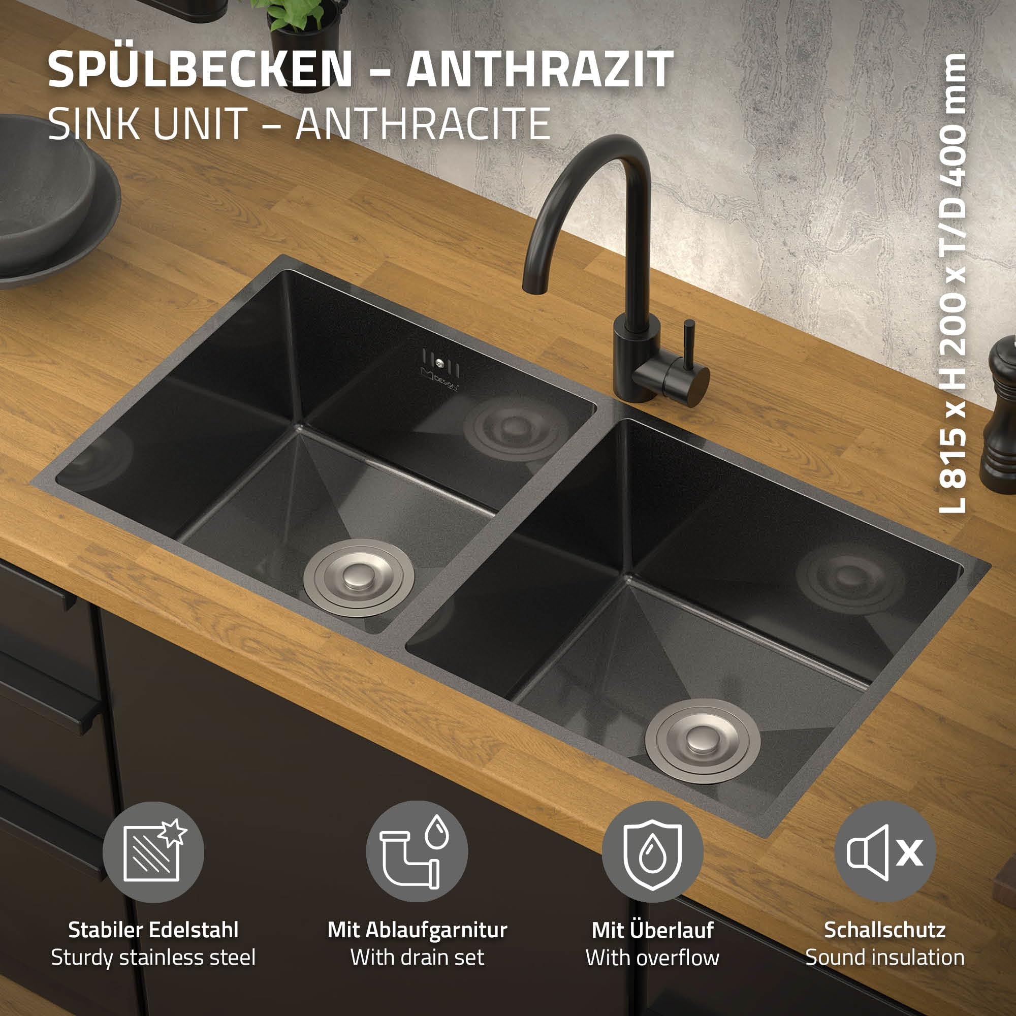 ML-Design Fregadero de Cocina Doble 81,5 x 40 cm de Acero Inoxidable Antracita Lavabo con 2 Cubetas y Sifón Rectangular Bajo Encimera con Juego de Desagüe y Rebosadero Resisten a la Corrosión