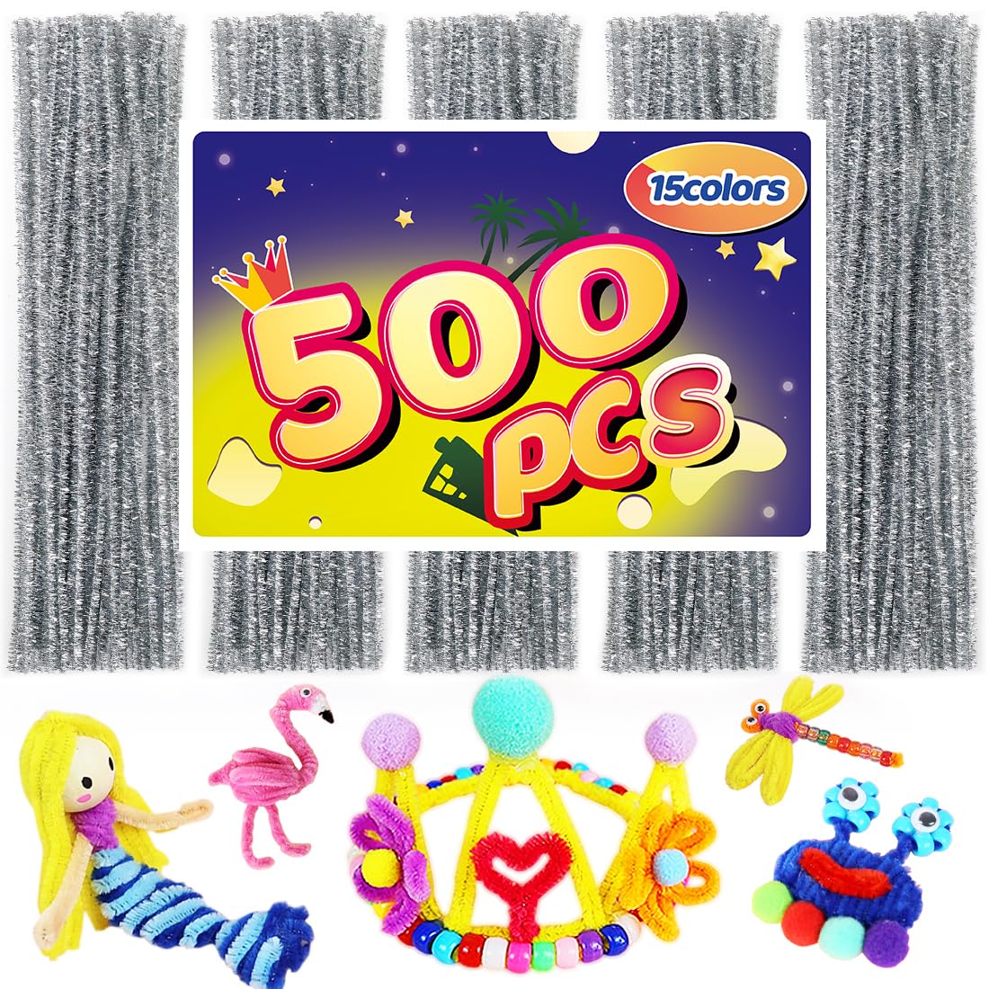 Silver Glitter Pipe Cleaners - 500 Count Art &amp; Craft Supplies
