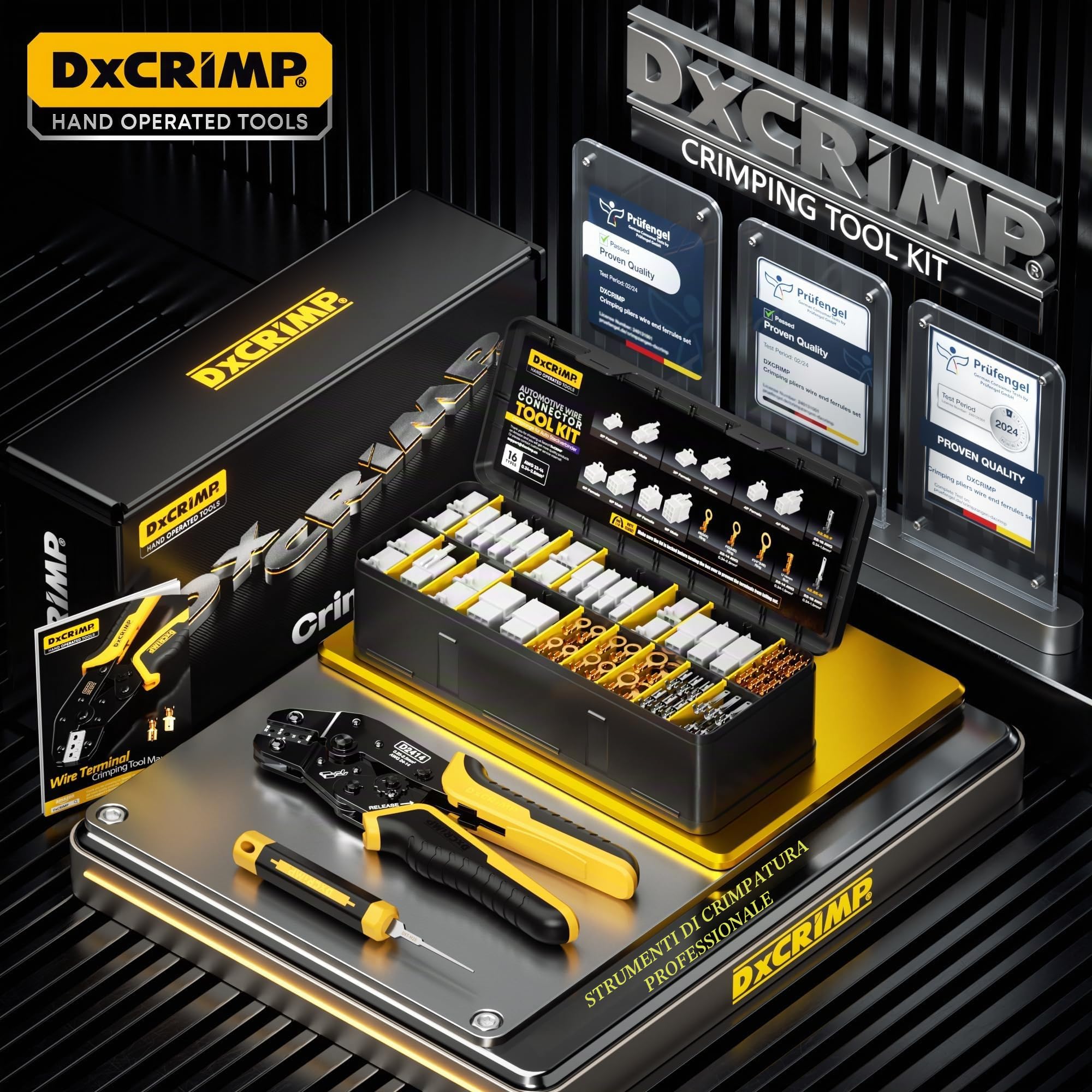 DxCRIMP Kit Crimpatura Connettori Auto 2.8mm con 2,3,4,6,9 Poli Connettori - Pinza a Cricchetto per Terminali 24-14 AWG, Include Estrattori e Set Connettori, Pinza crimpatura, Kit Estrattori Auto
