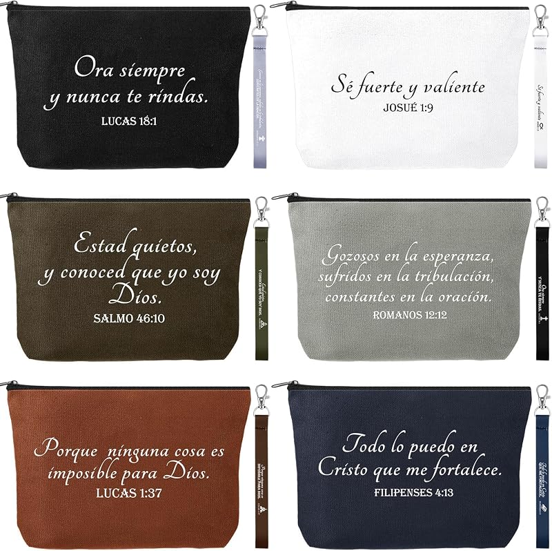Huhumy Necessaires de Maquiagem com Estampas Bíblicas em Espanhol, 6 Bolsas e 6 Chaveiros, Pacote com 12