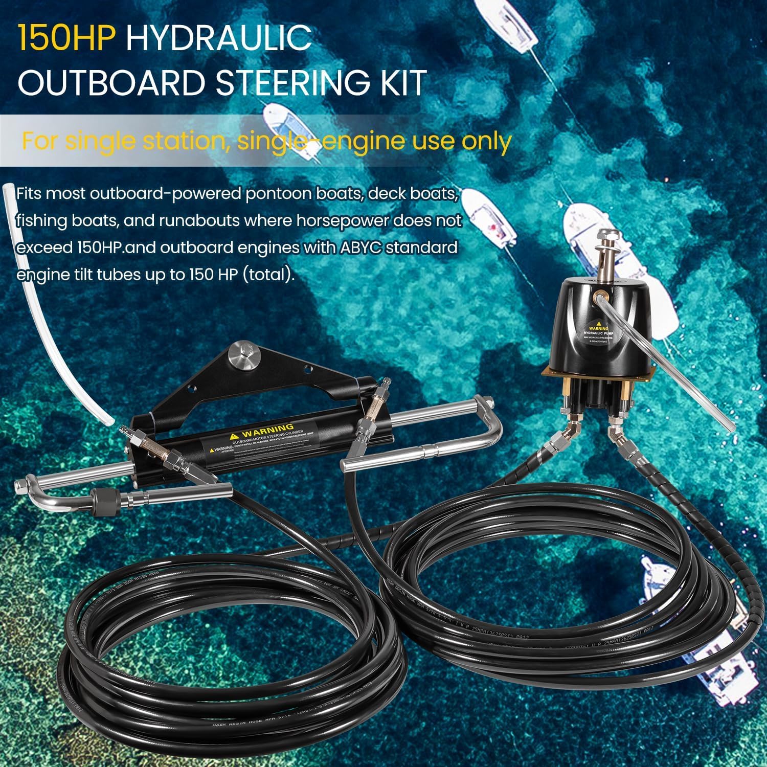 150HP Hydraulic Outboard Steering Kit Boat Marine System for Single Station, Single-Engine use Built-in Two-Way Lock Cylinder, Pump and High-Strength Nylon Hose