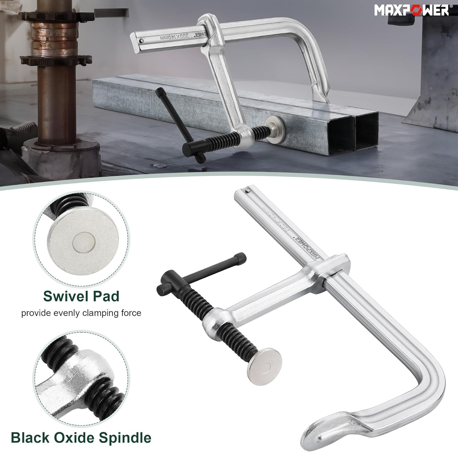 MAXPOWER Thick F Clamp, Rail 1-11/64" x 9/16", Max Load Limit 3505 LBS, Clamps Throat 5-5/8 inch (140 mm), Max Jaw Opening 8 inch (200 mm)