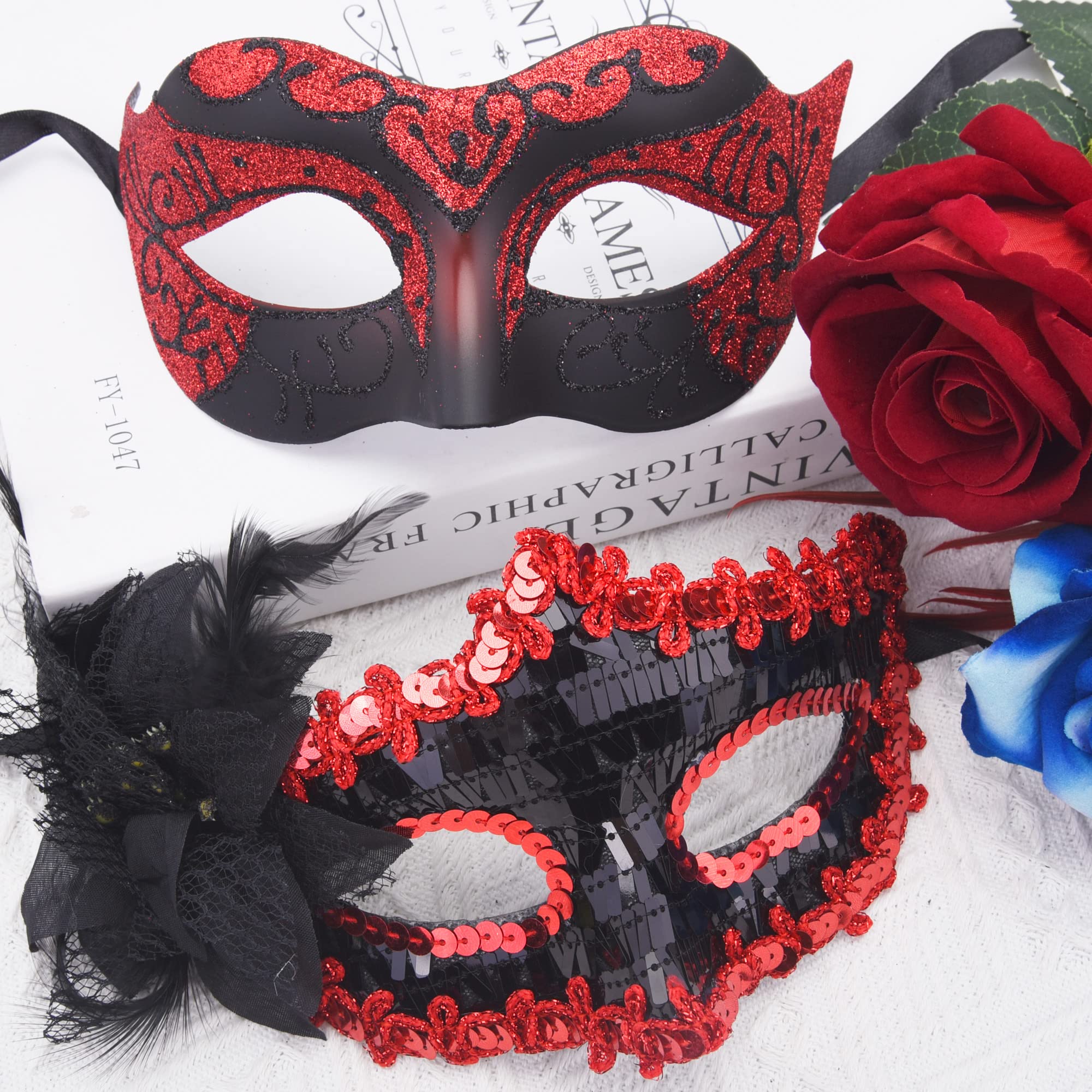 SIQUK 2 sztuki para maska wenecka maskarada maska maska maskaradowa maskaradowa maskaradowa dla kobiet, mężczyzn, oczu, na Halloween, karnawałowa maskarada, czarna i czerwona