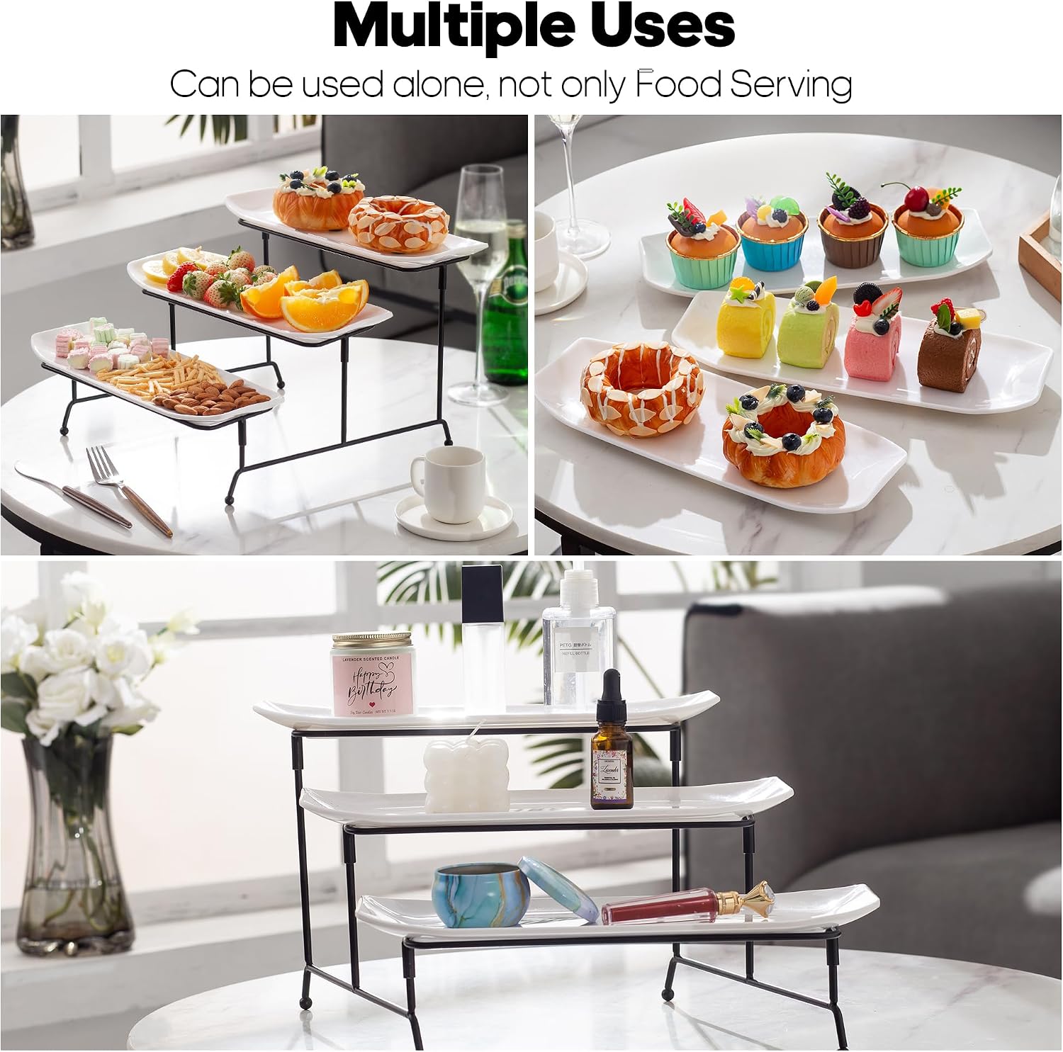 Unbreakable 3 Tier Serving Tray for Party, 13" x 4.9" Melamine Platters for Serving Food, White Tiered Serving Trays Platters with Black Metal Display Stand for Veggie, Fruit, Dessert, Cookies