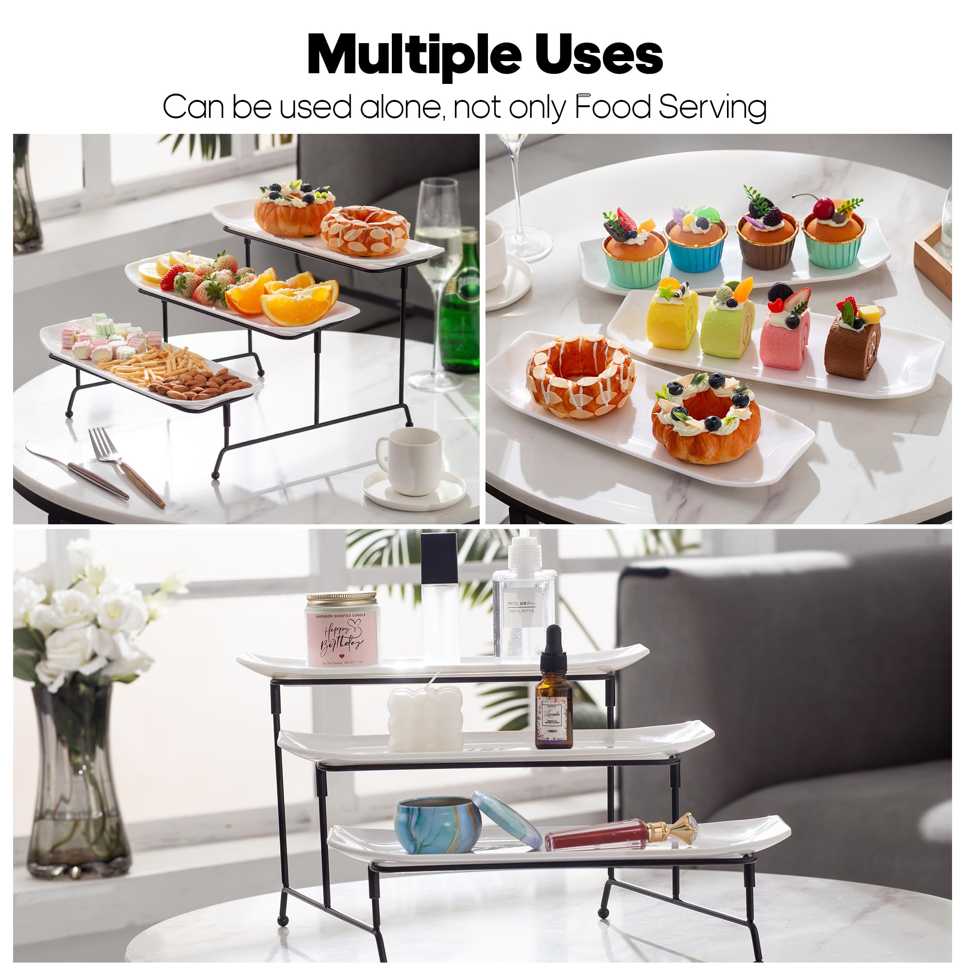 Bandeja irrompible de 3 niveles para fiesta, platos de melamina de 13 x 4.9 pulgadas para servir alimentos, bandejas blancas escalonadas con soporte de exhibición de metal negro para verduras, frutas, 7