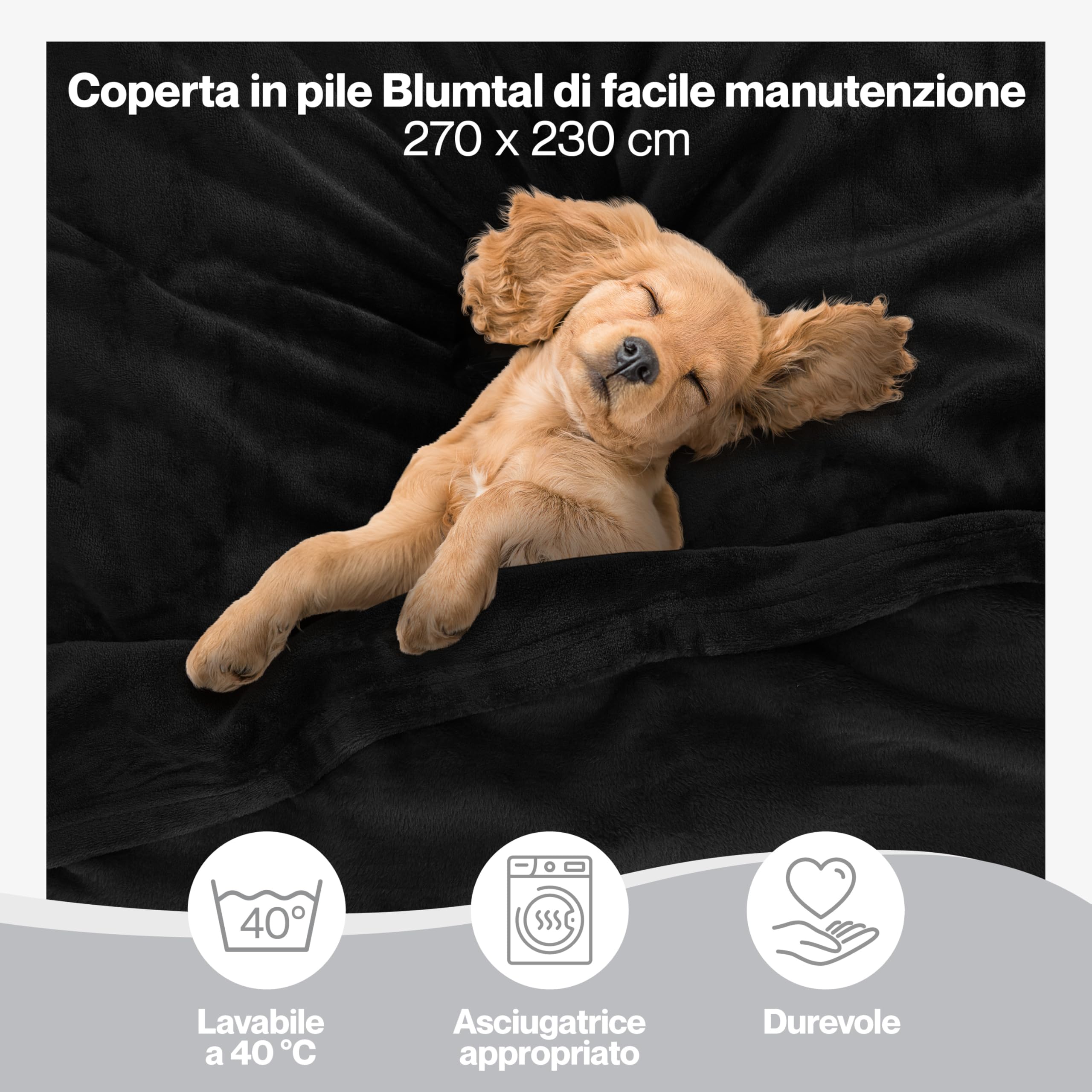 Blumtal Coperta Pile 270x230cm - Coperta Plaid divano super morbida - Coperta Divano certificata OKEO-Tex - coperta per divano - coperta invernale - coperte in pail - plaid matrimoniale pile in nero