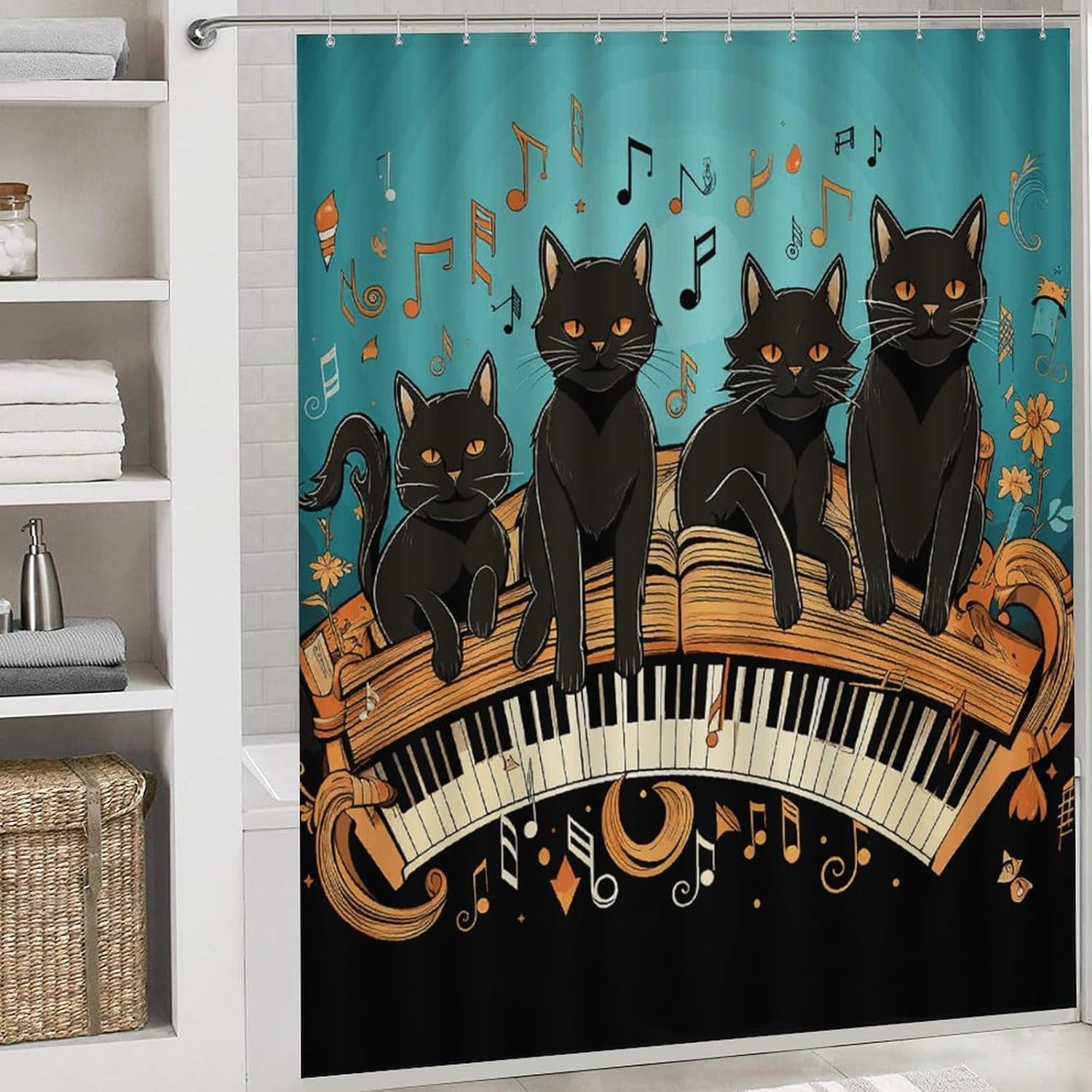 4-piece Bathroom Set with Waterproof Shower Curtain, Non-slip Absorbent Rug,Four Black Cats Lying on The Piano Keyboardprinting And Toilet Seat Cover - Bathroom Accessories And Decor for Modern Homes,