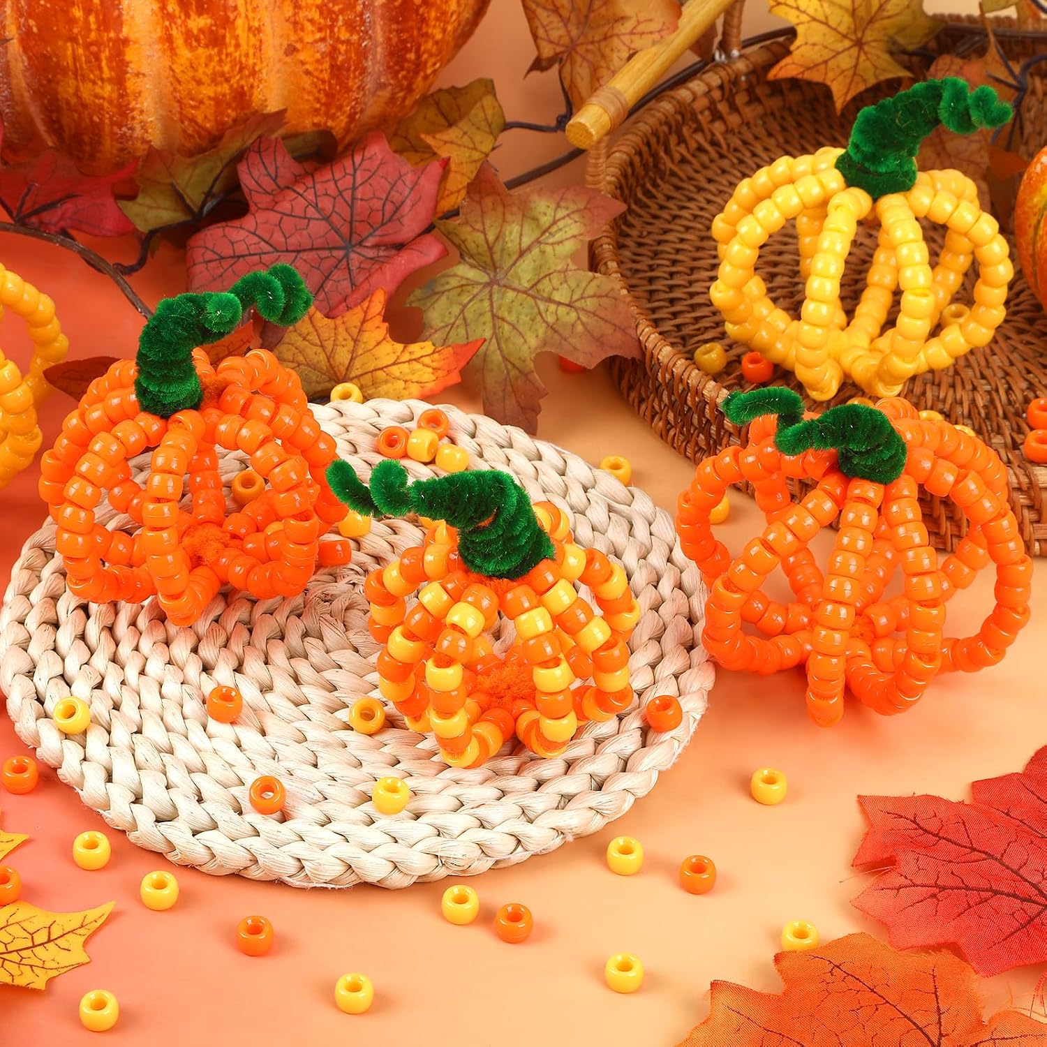 UPINS 1500Pcs Halloween Orange Pony Beads and 150Pcs Pipe Cleaner