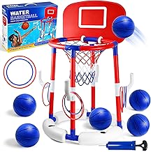Joellfuner Swimming Pool Basketball, Floating Pool Basket 2 in 1, 10 Throwing Rings + 6 Balls, Water Game for Adults Kids, Indoor and Outdoor Pool Games (Red)