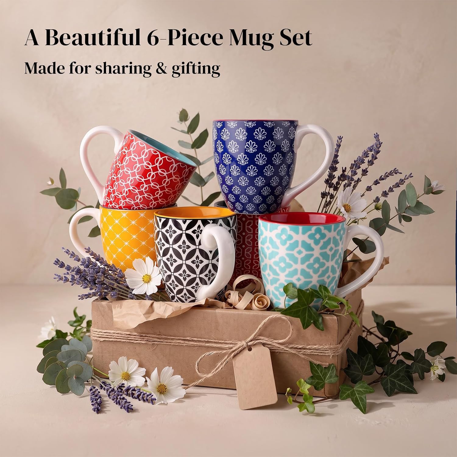 DOWAN 16 OZ Boho-Mosaic Coffee Mugs Set of 6, Large Ceramic Coffee Mugs with Handle, Bohemian Home Decor Gift Set for Housewarming, Wedding & Birthday image 5