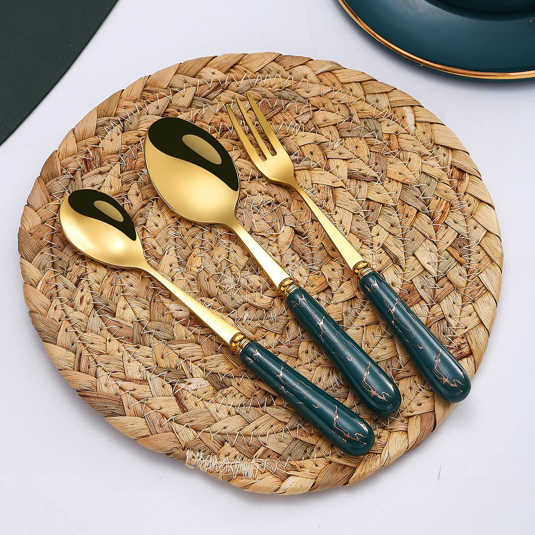 Gold Besteck-Set, 24-teiliges Edelstahl-Besteck-Set für 6 Personen, Besteck mit Löffel, Messer und Gabel-Sets, ideal für Zuhause/Party/Restaurant, Marmorierter Griff, spülmaschinenfest