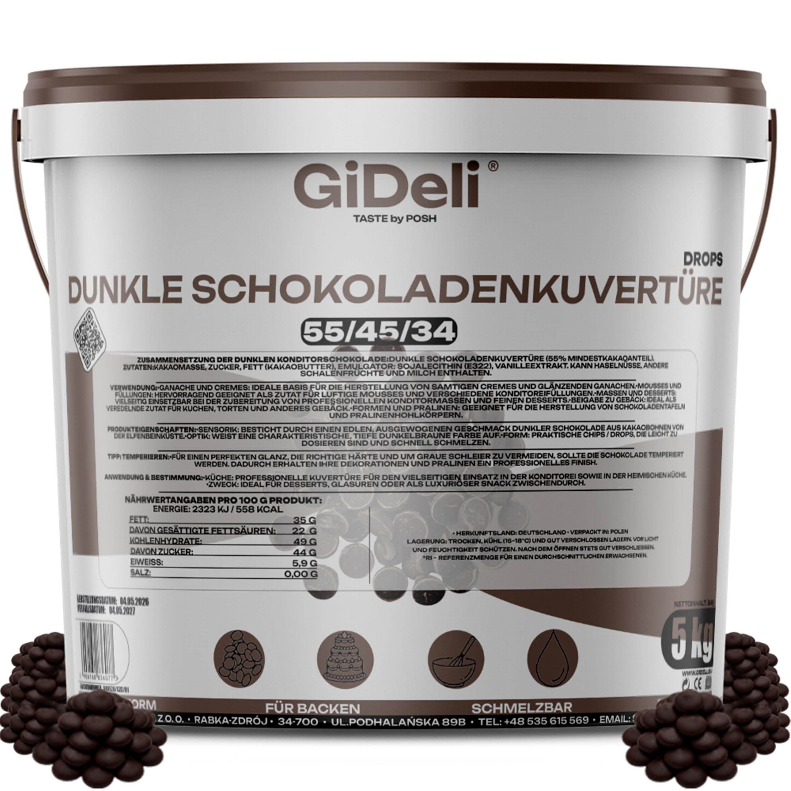 GiDeli Dunkle Schokoladenkuvertüre 55% Drops 5kg im Eimer - Professionelle Zartbitterschokolade zum Temperieren - Kakao von der Elfenbeinküste - Einfache Dosierung - Ideal für Pralinen & Ganache