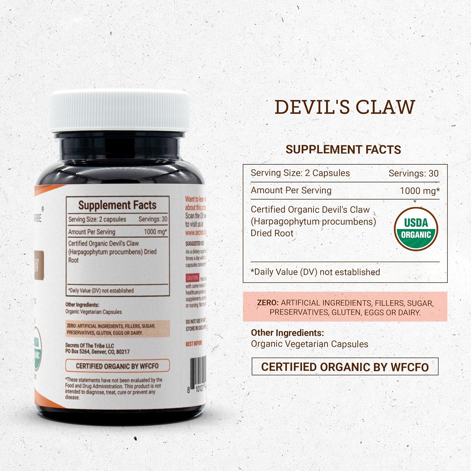 Secrets of the Tribe Devil's Claw USDA Organic Capsules | Certified Organic Vegetarian Capsules, Herbal Dietary Supplement | Devil's Claw (Harpagophytum Procumbens) Dried Root (60 Capsules) - Image 4
