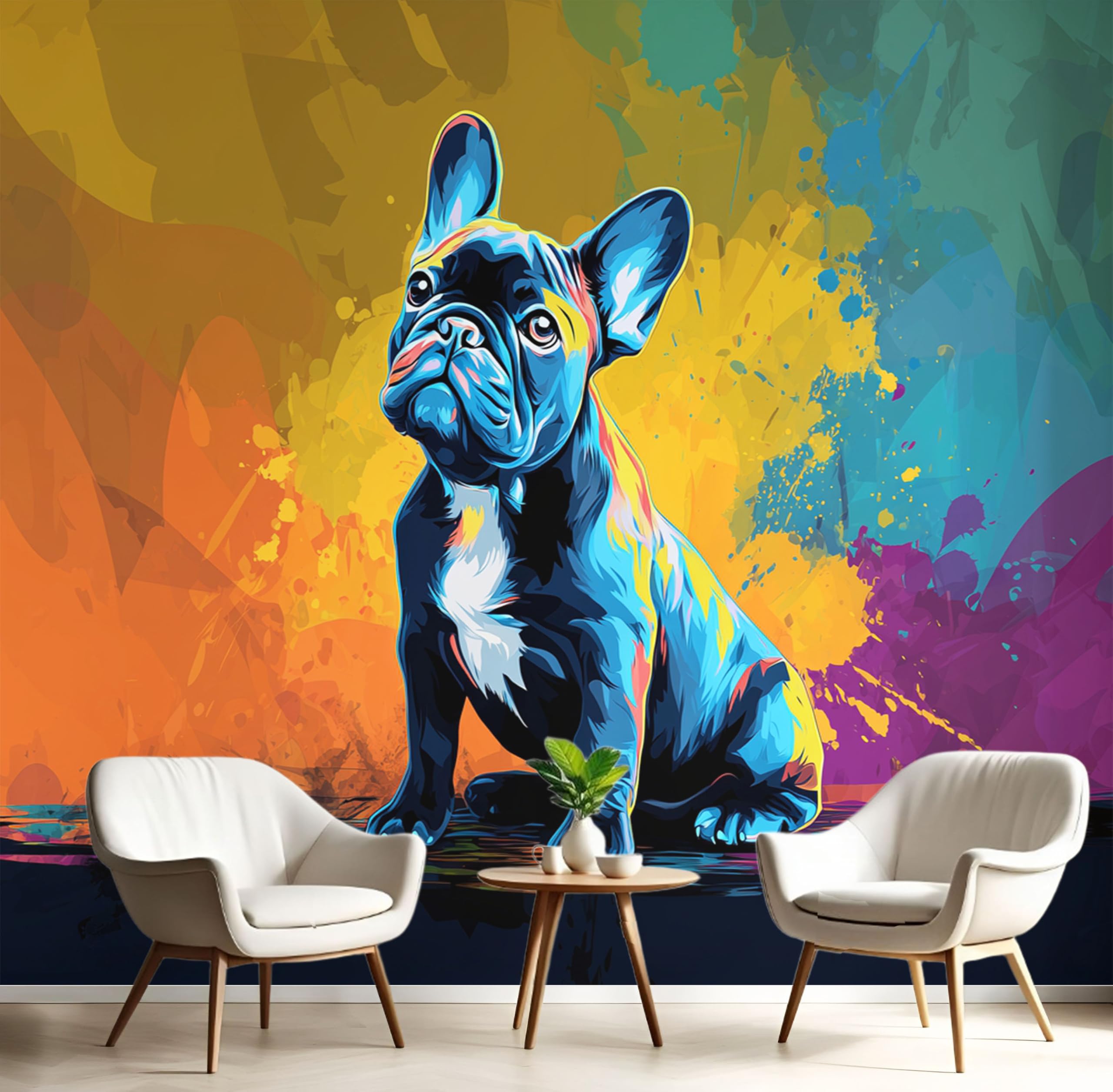 Panoramic Modern French Bulldog Wallpaper Mural, 400X280Cm Wall Poster Abstract Ink Splash Photo Wallpaper 3D Effect, Mustard Yellow Wallpapers Mural Decoration For Bedroom Living Room Corridor