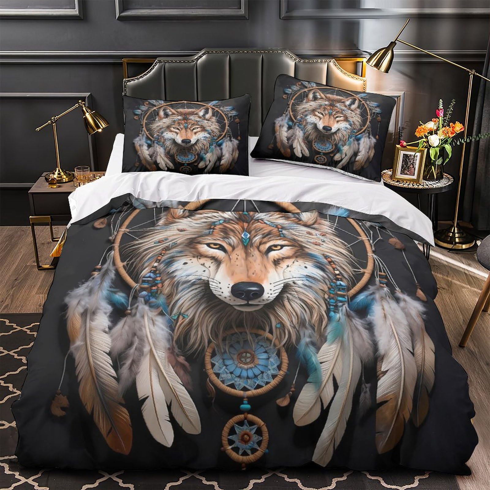 Parure de lit loup en microfibre 200x200cm pour deux personnes avec housse de couette